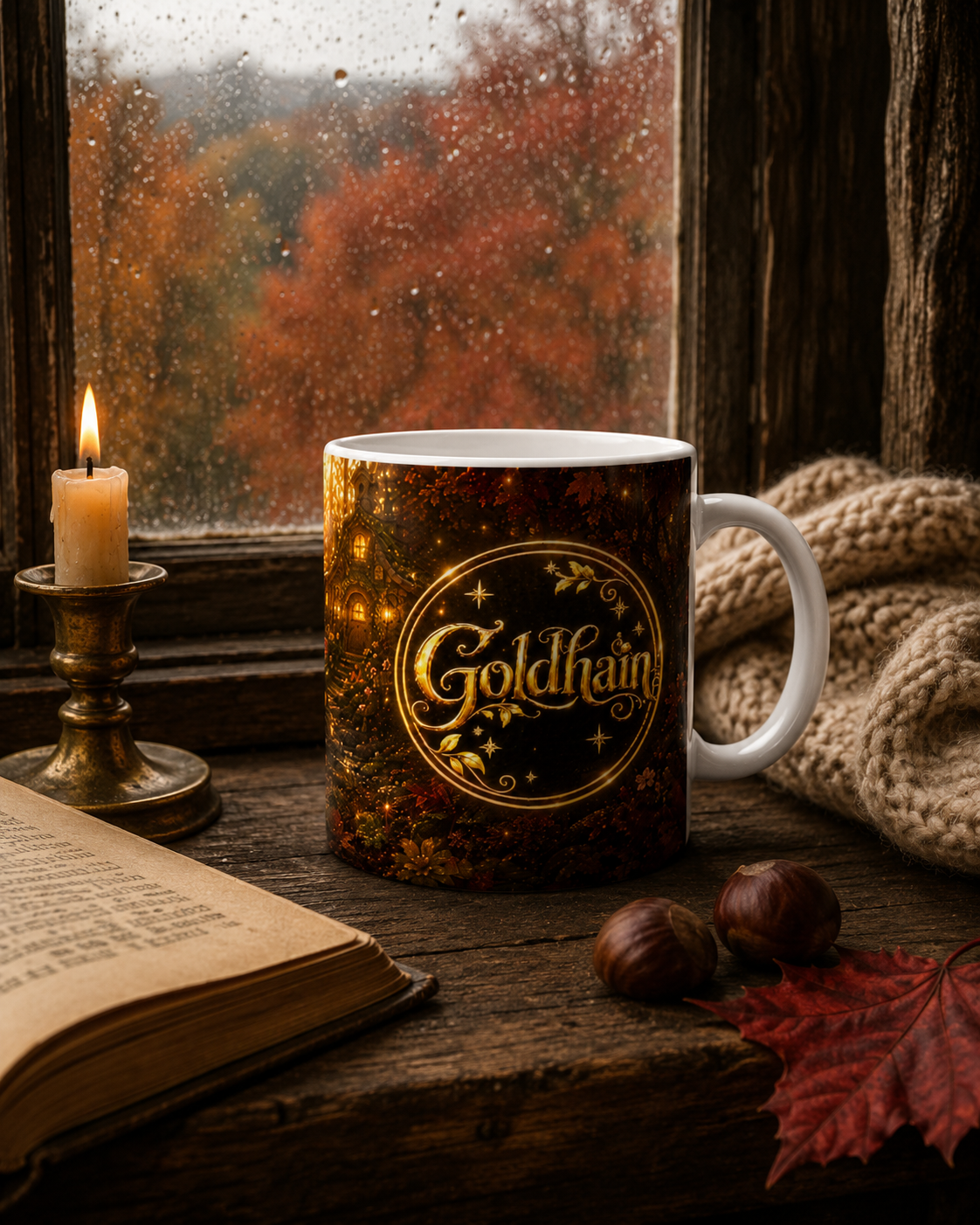 Goldhain Pippa Herbsttasse mit goldenem Goldhain-Badge am regennassen Cottage-Fenster mit Kerze, altem Buch, Wolldecke und Kastanien.