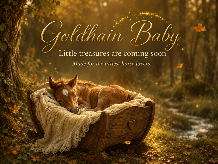 Schlafendes Fohlen in einer mit cremefarbener Decke ausgelegten Holzwiege im goldenen Wald, mit dem Schriftzug „Goldhain Baby – Little treasures are coming soon