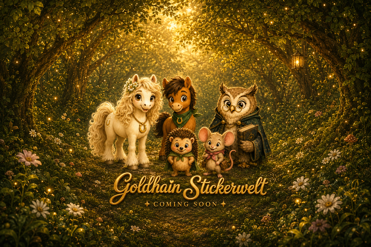 Liv, Milo, Fips, Pippa und Professor Eule stehen im goldenen Zauberwald unter dem plastisch glänzenden Schriftzug Goldhain Stickerwelt und kündigen die kommende Stickerkollektion an