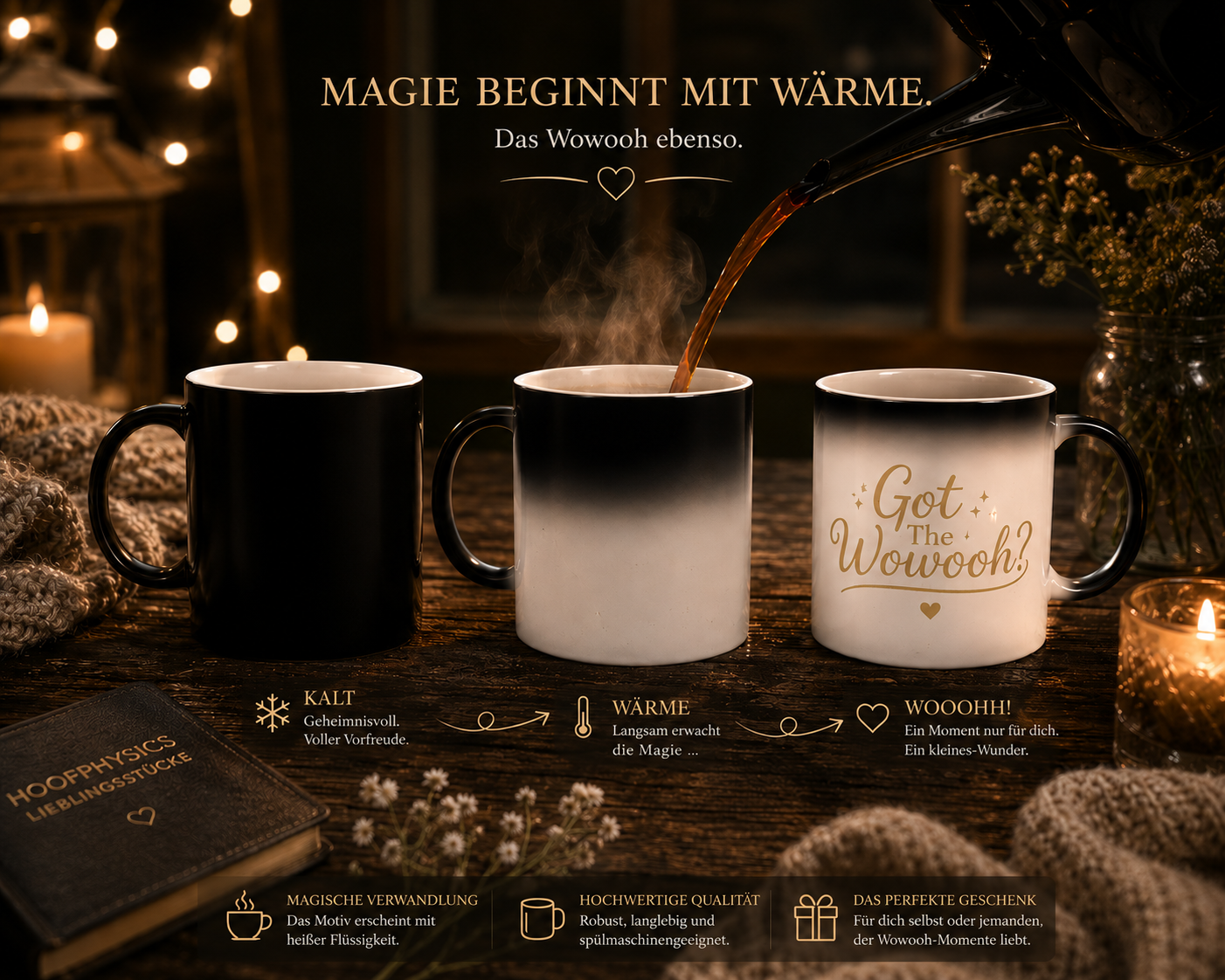 Gemütliche Szene mit der magischen Farbwechseltasse „Got the Wowooh?“ von Hoofphysics. Das goldene Motiv wird durch heißen Kaffee sichtbar und sorgt für einen besonderen Wowooh-Moment.