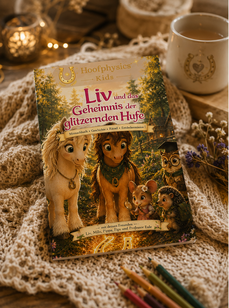 Das Goldhainer Mitmachbuch „Liv und das Geheimnis der glitzernden Hufe“ als liebevoll gestaltetes Kinderbuch in einer gemütlichen Lifestyle-Szene.