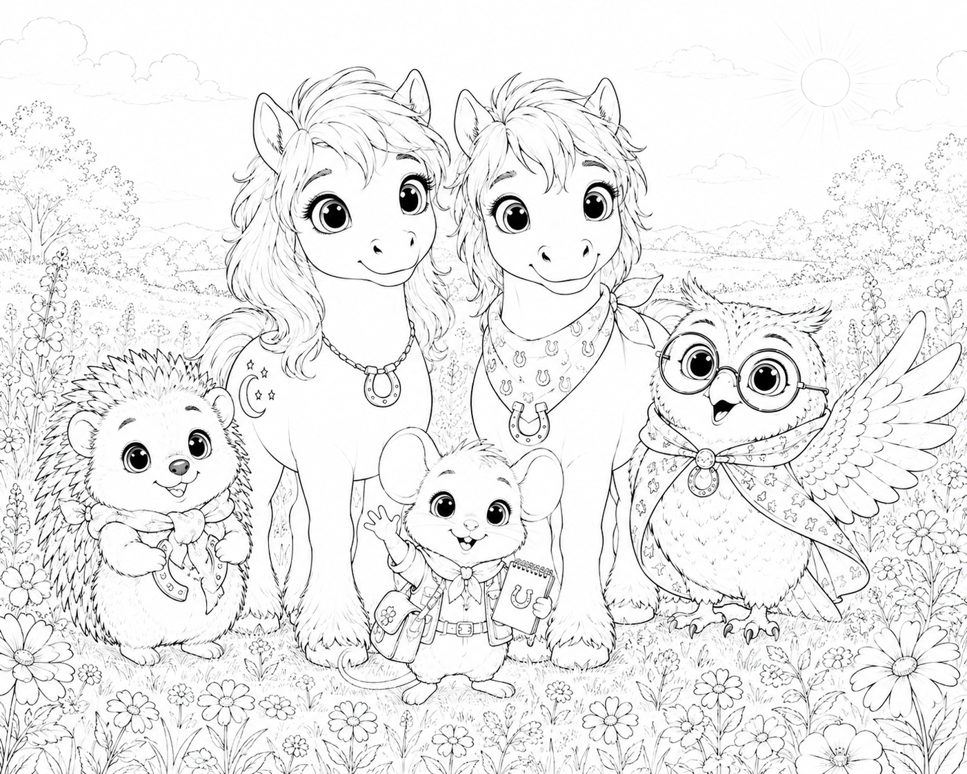 Ausmalbild mit Liv, Milo, Professor Eule, Pippa und Fips auf einer Blumenwiese in Goldhain – Pferde-Mitmachbuch für Kinder von Hoofphysics Kids.