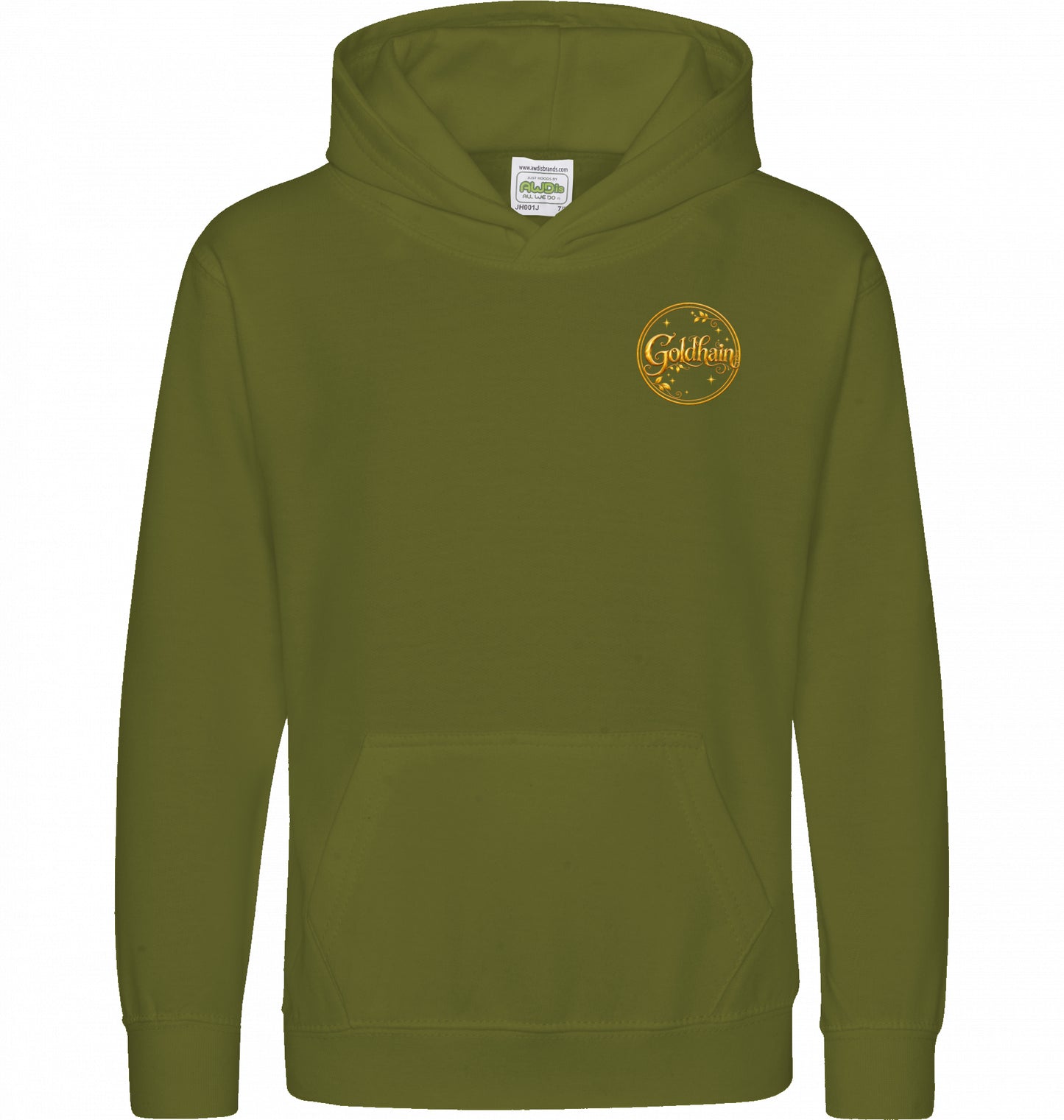 Kinder-Pferde-Hoodie von Hoofphysics in khaki mit kleinem goldfarbenem Hoofphysics-Detail auf der Vorderseite