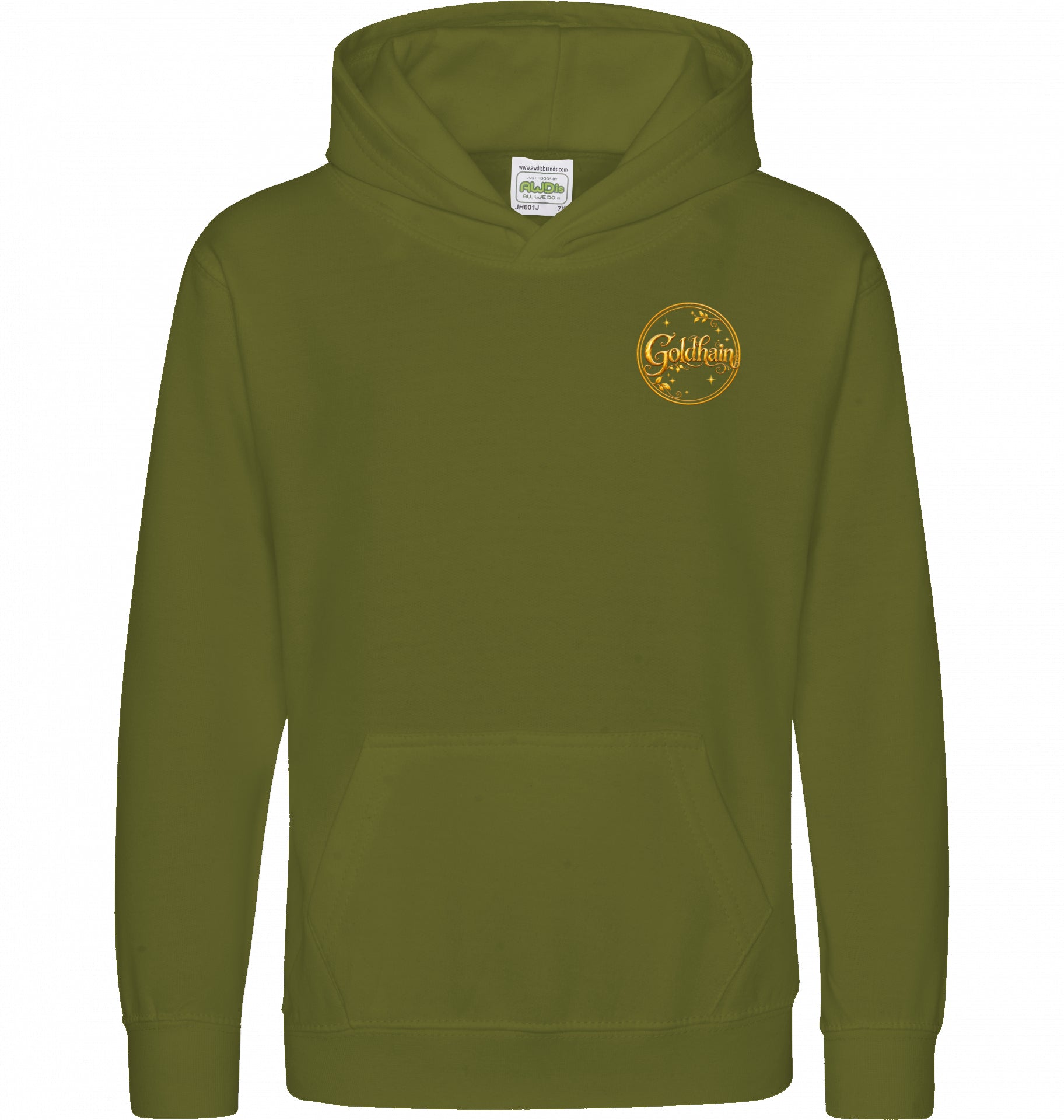 Kinder-Pferde-Hoodie von Hoofphysics in khaki mit kleinem goldfarbenem Hoofphysics-Detail auf der Vorderseite