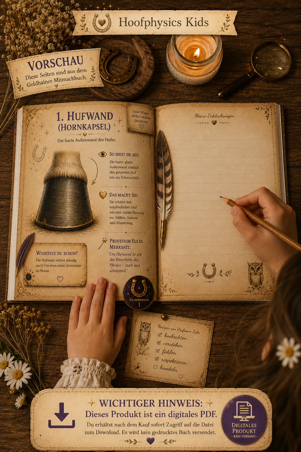 Das Goldhainer Mitmachbuch „Liv und das Geheimnis der glitzernden Hufe“ als liebevoll gestaltetes Kinderbuch in einer gemütlichen Lifestyle-Szene in der ein Kind eigene Notizen macht