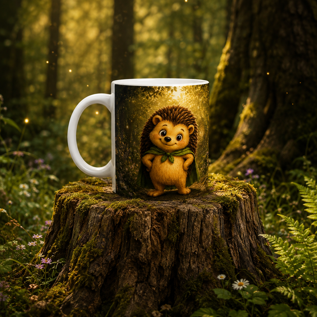 Fips Goldhain Tasse mit niedlichem Igelmotiv auf einem moosbewachsenen Baumstumpf im warm leuchtenden Wald