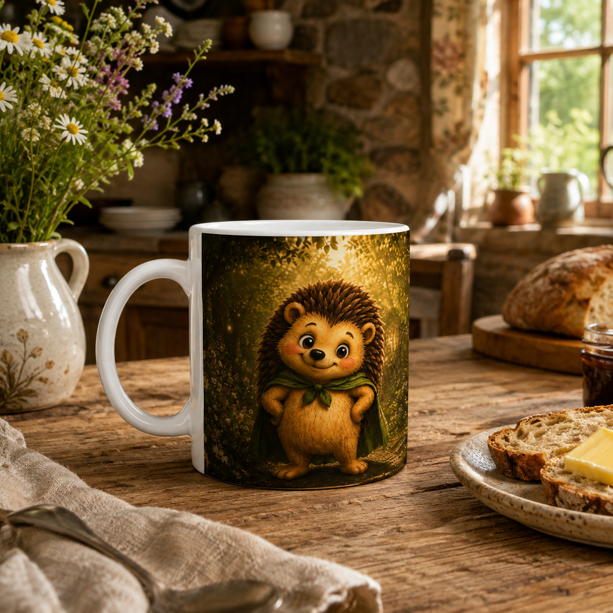 Fips Goldhain Tasse auf einem rustikalen Frühstückstisch mit Brot und Butter in einer gemütlichen irischen Cottage-Küche