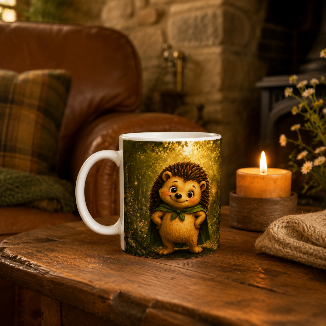 Fips Goldhain Tasse auf einem rustikalen Holztisch mit Kerze und Ledersessel in einem gemütlichen irischen Cottage-Wohnzimmer.