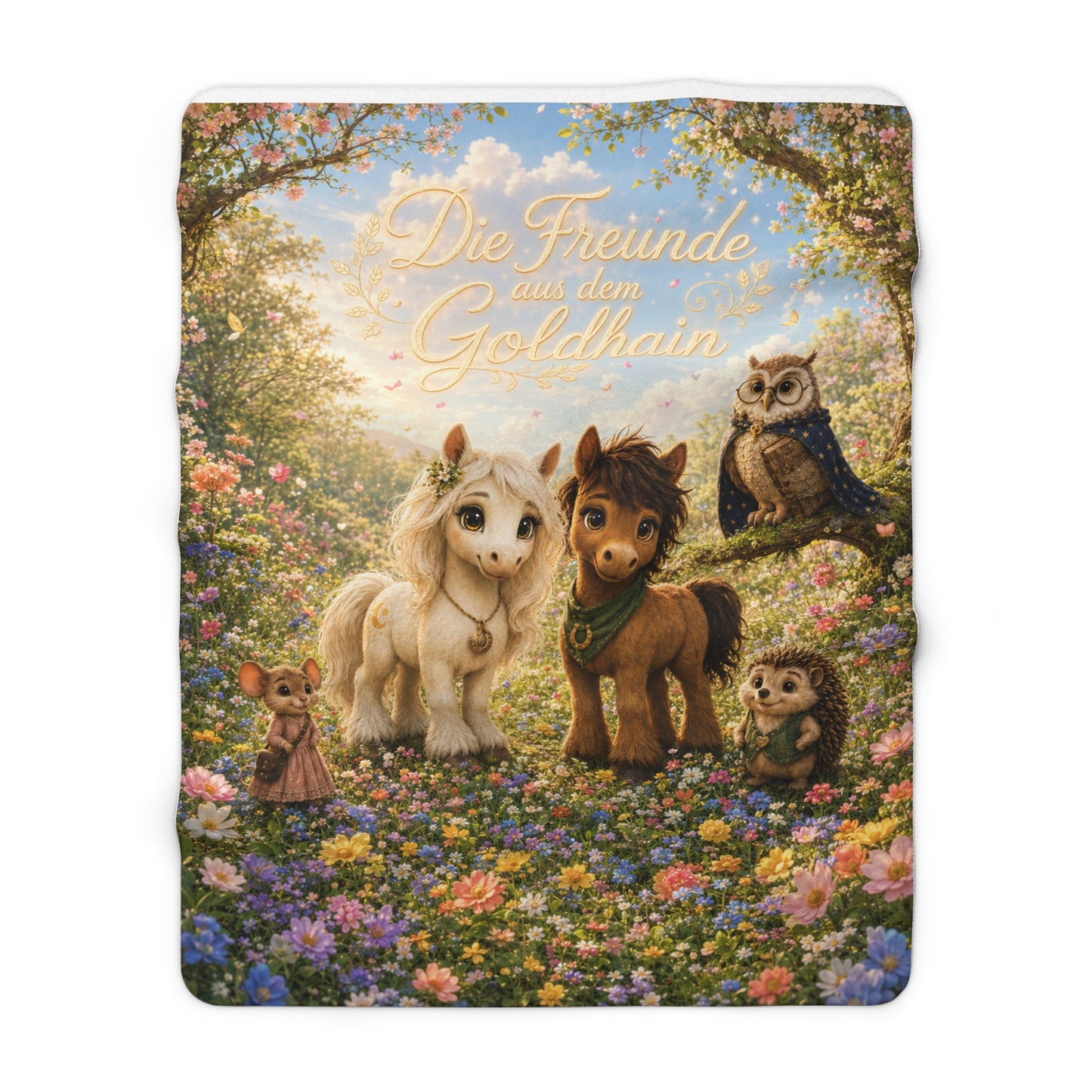 Vorderseite der Goldhain-Kuscheldecke mit zwei kleinen Ponys, Eule, Igel und Maus auf einer farbenfrohen Blumenlichtung