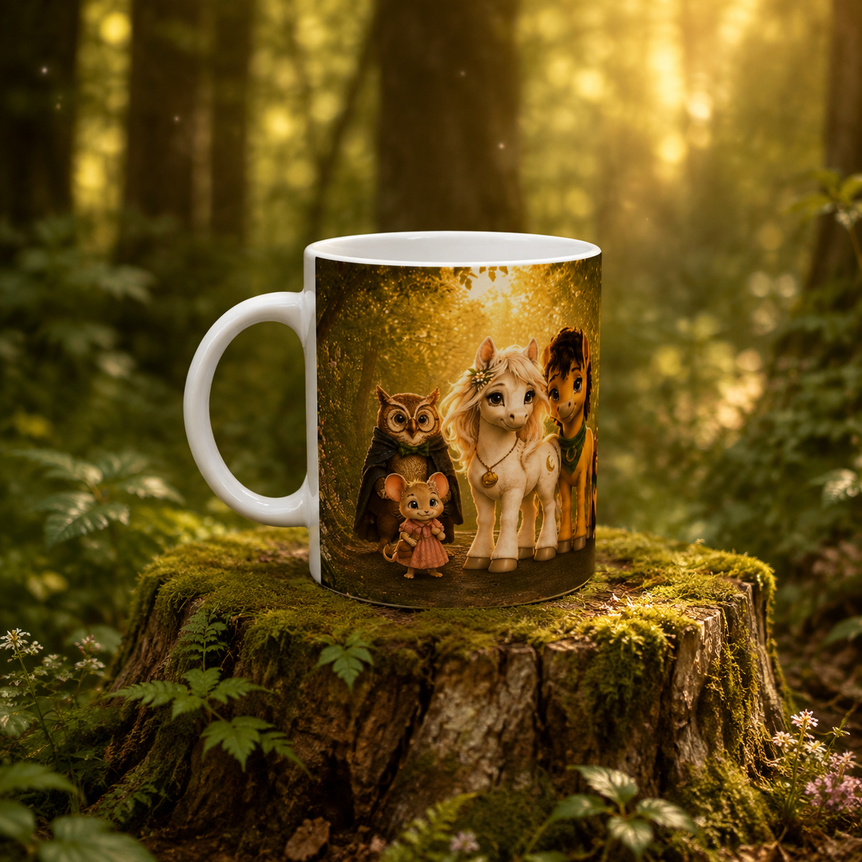 Goldhain Tasse mit dem Fünf-Freunde-Motiv auf einem moosbewachsenen Baumstumpf im warm leuchtenden Wald.