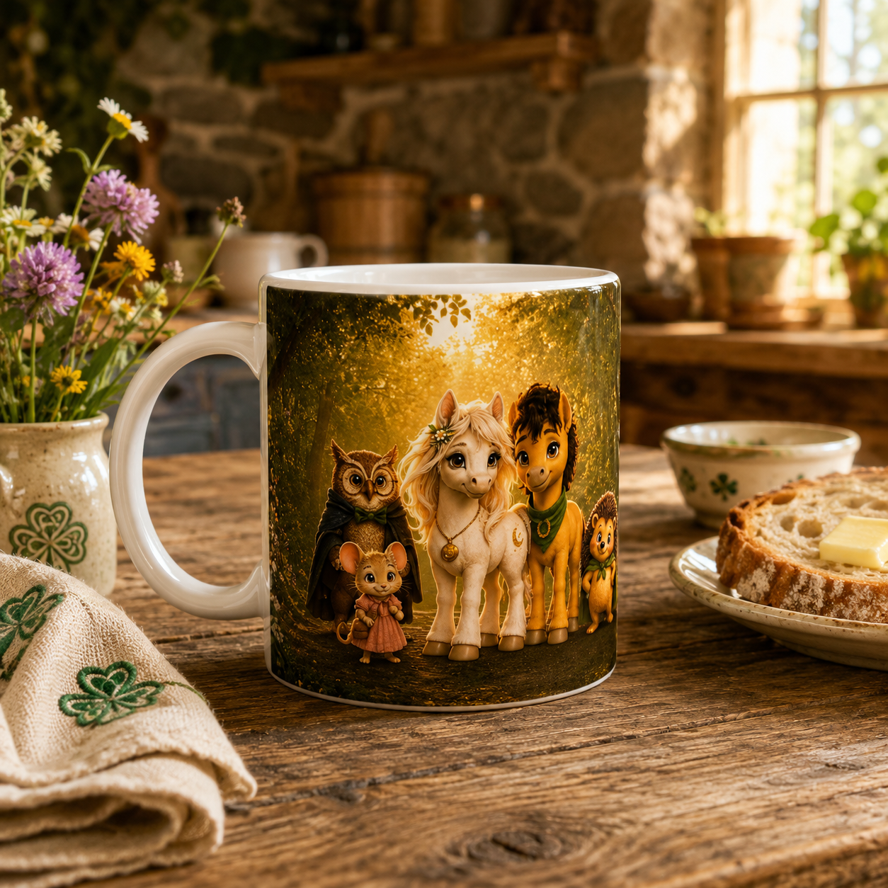 Goldhain Tasse mit Liv, Milo, Professor Eule, Fips und Pippa auf einem rustikalen Frühstückstisch in einer irischen Cottage-Küche