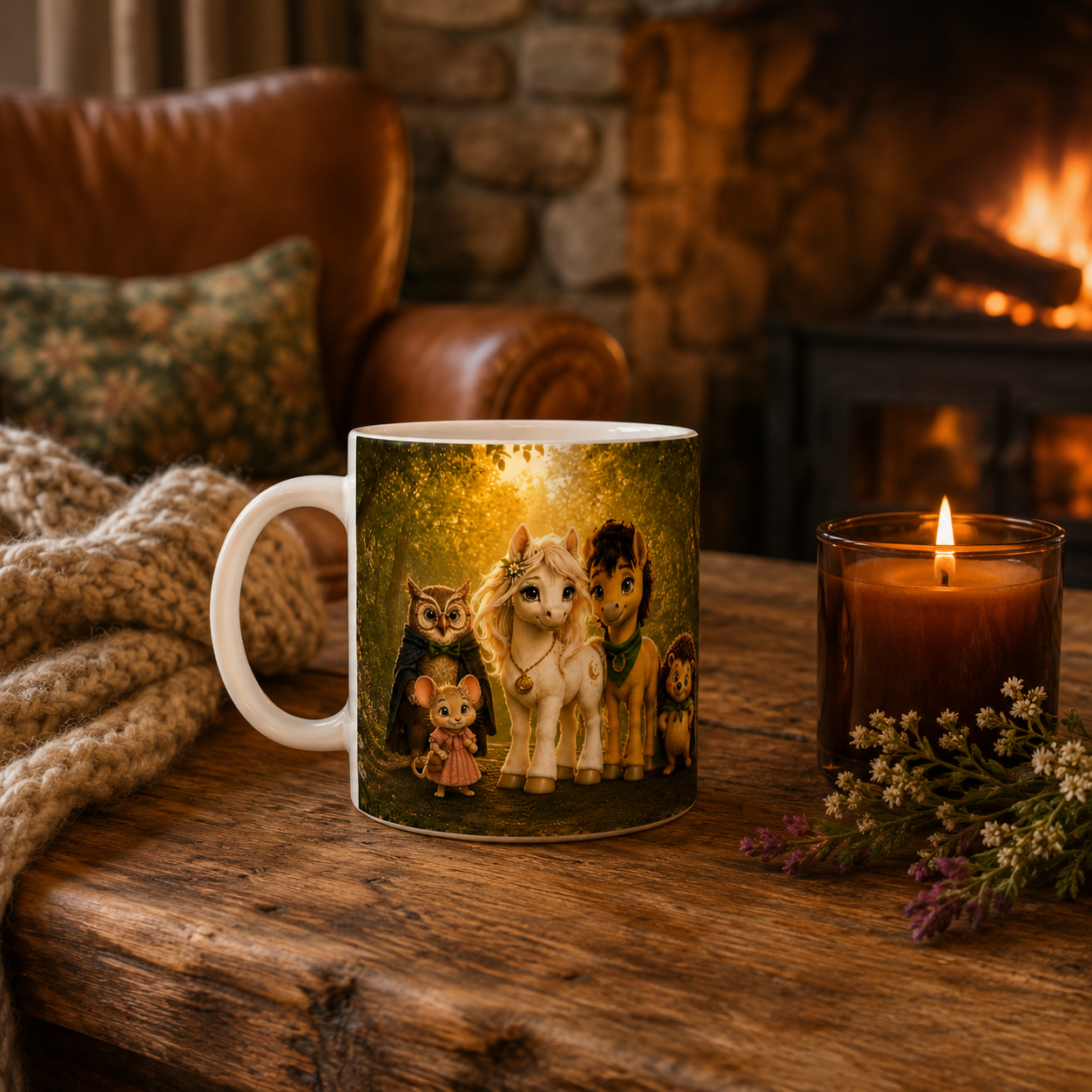 Goldhain Tasse mit den fünf Freunden auf einem rustikalen Holztisch mit Kerze, Ledersessel und Kamin im gemütlichen irischen Cottage-Wohnzimmer.