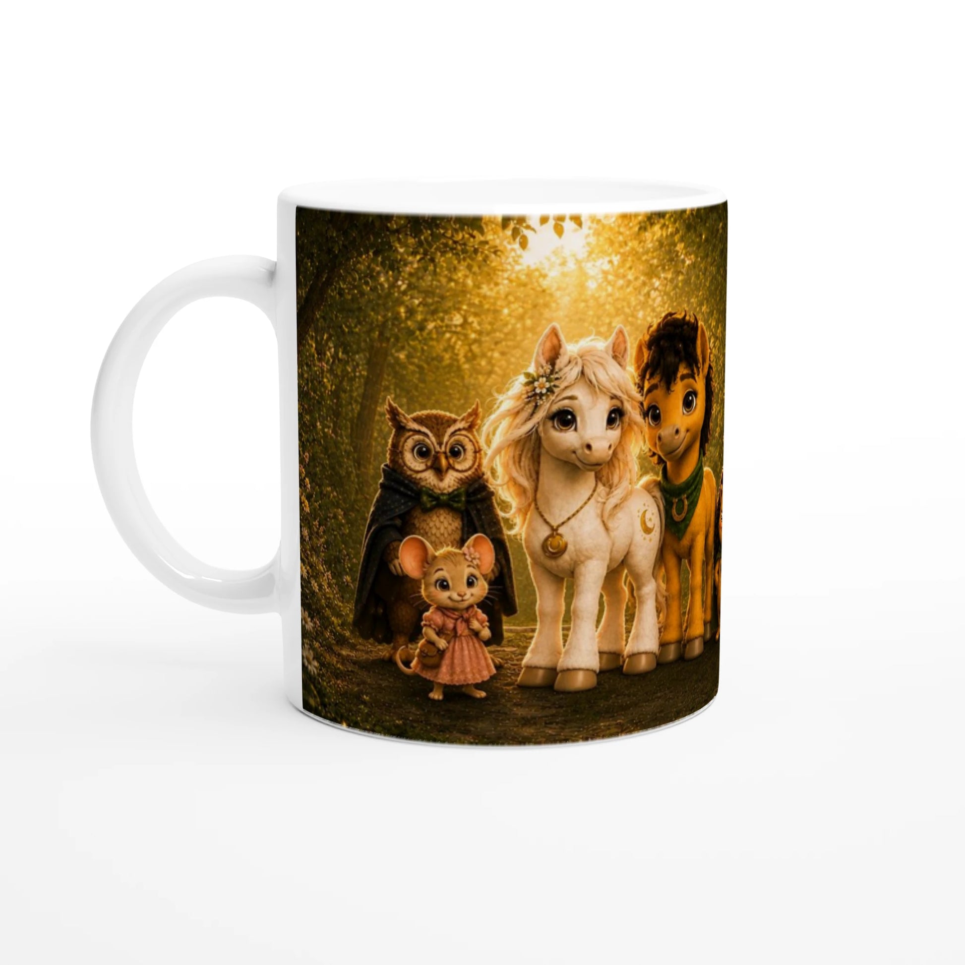 Weiße Goldhain Tasse mit Liv, Milo, Professor Eule und Pippa als Teil des umlaufenden Fünf-Freunde-Motivs.