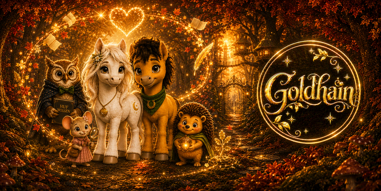 Goldhain Herbsttasse Collector’s Edition mit Liv und Milo als Hauptfiguren, Professor Eule, Pippa und Fips unter einem leuchtenden Herzbogen aus goldener Herbstmagie, neben dem metallischen Goldhain-Badge. 
