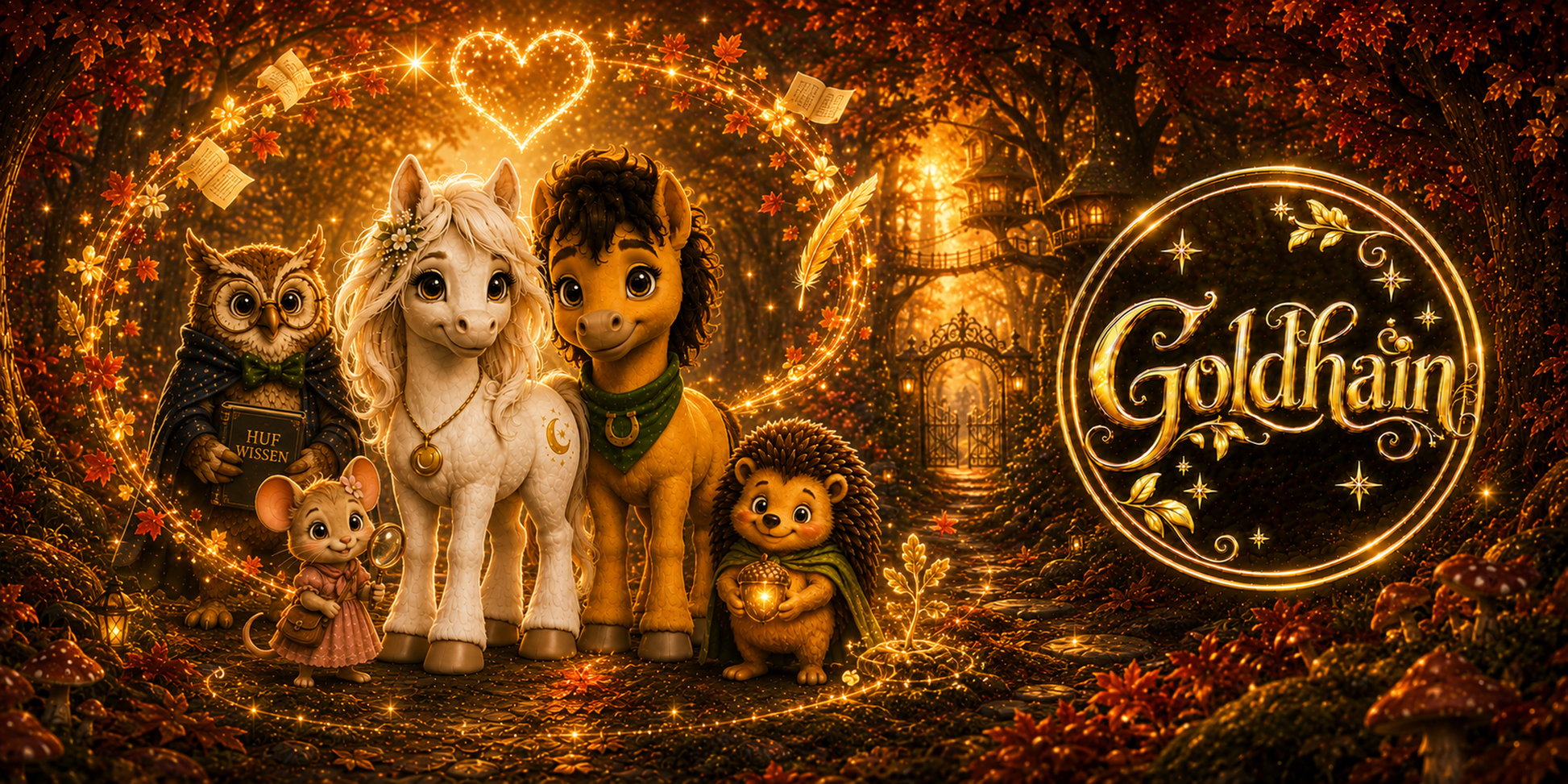 Goldhain Herbsttasse Collector’s Edition mit Liv und Milo als Hauptfiguren, Professor Eule, Pippa und Fips unter einem leuchtenden Herzbogen aus goldener Herbstmagie, neben dem metallischen Goldhain-Badge. 
