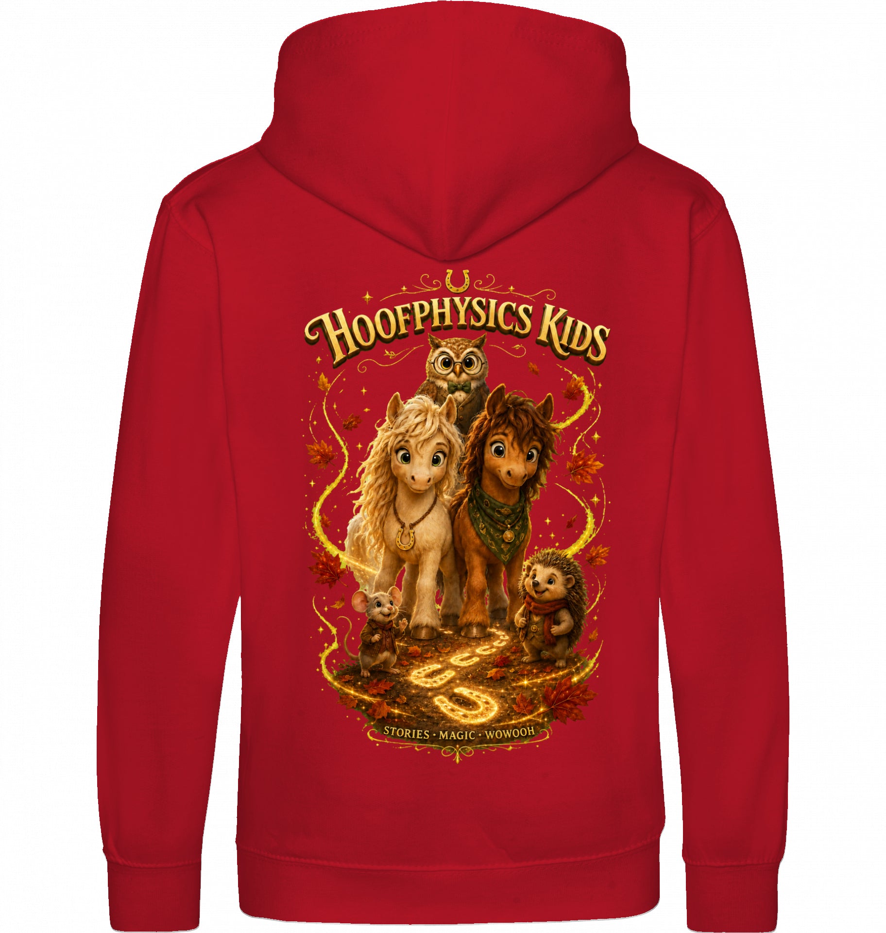 Roter Hoofphysics Kids Hoodie mit Liv, Milo, Professor Eule, Pippa und Fips als großem magischem Goldhain-Rückenmotiv