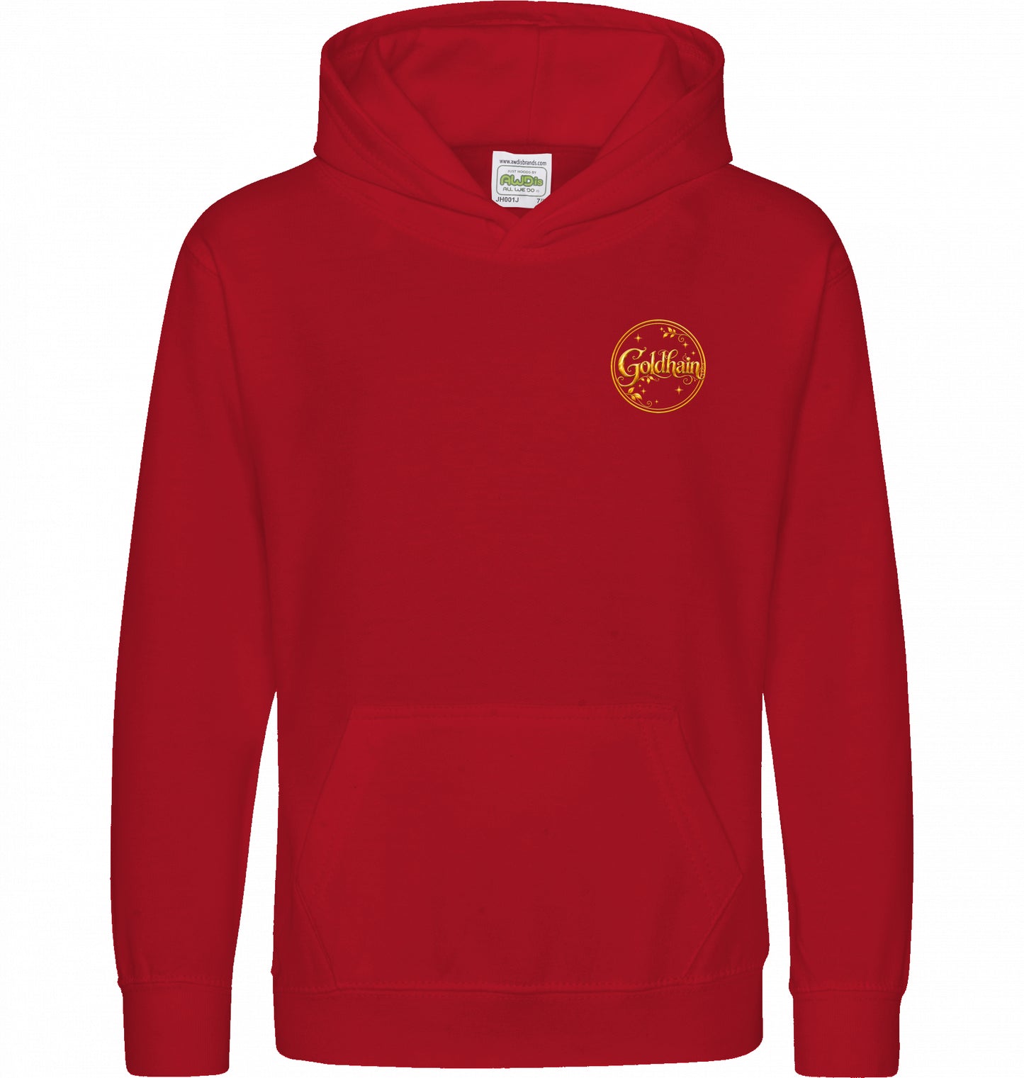 Roter Hoofphysics Kids Hoodie mit Liv, Milo, Professor Eule, Pippa und Fips als großem magischem Goldhain-Rückenmotiv
