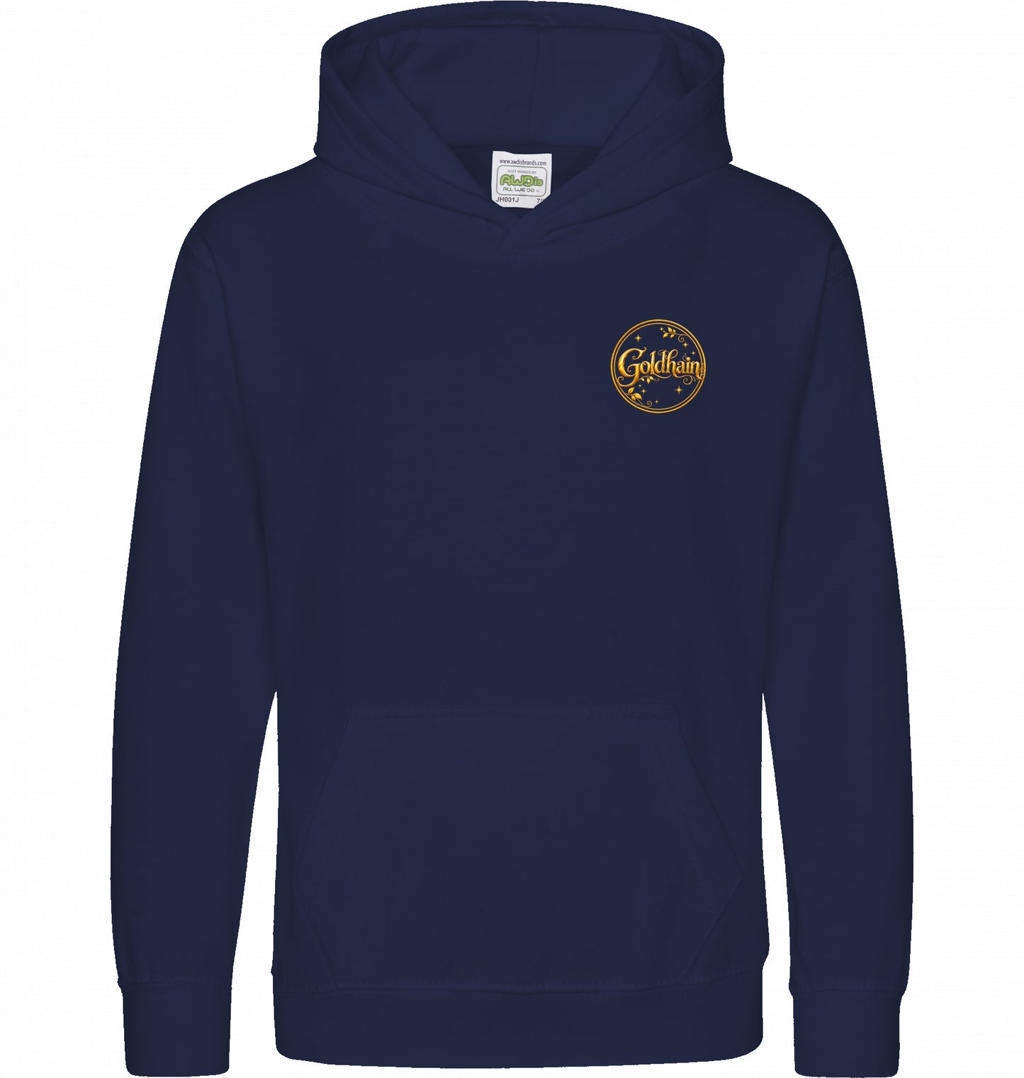 Navy blauer Goldhain Kinder-Hoodie mit kleinem rundem goldfarbenem Goldhain-Wappen auf der Vorderseite