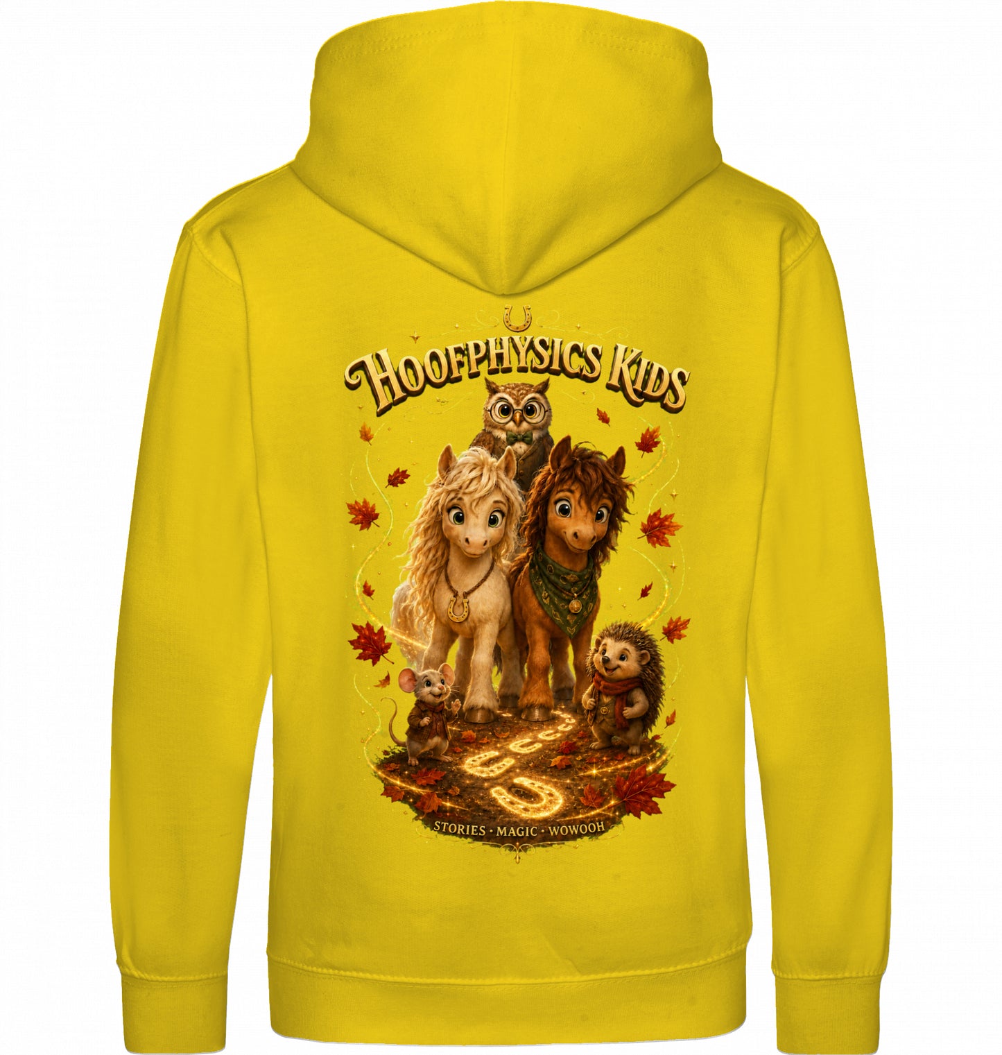 Sonnengelber Hoofphysics Kids Hoodie mit Liv, Milo, Professor Eule, Pippa und Fips als großem magischem Goldhain-Rückenmotiv