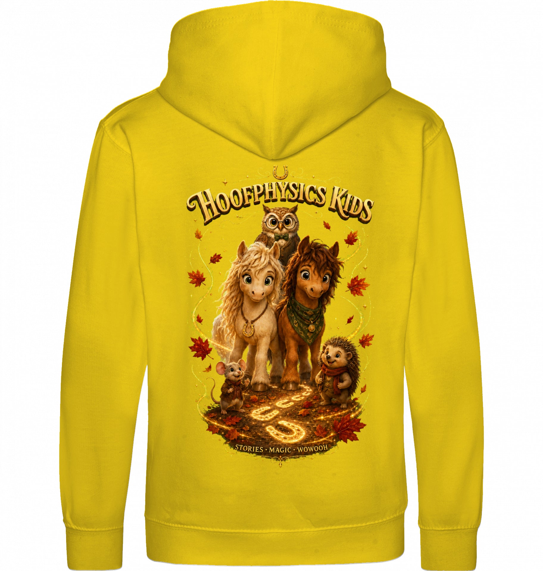 Sonnengelber Hoofphysics Kids Hoodie mit Liv, Milo, Professor Eule, Pippa und Fips als großem magischem Goldhain-Rückenmotiv