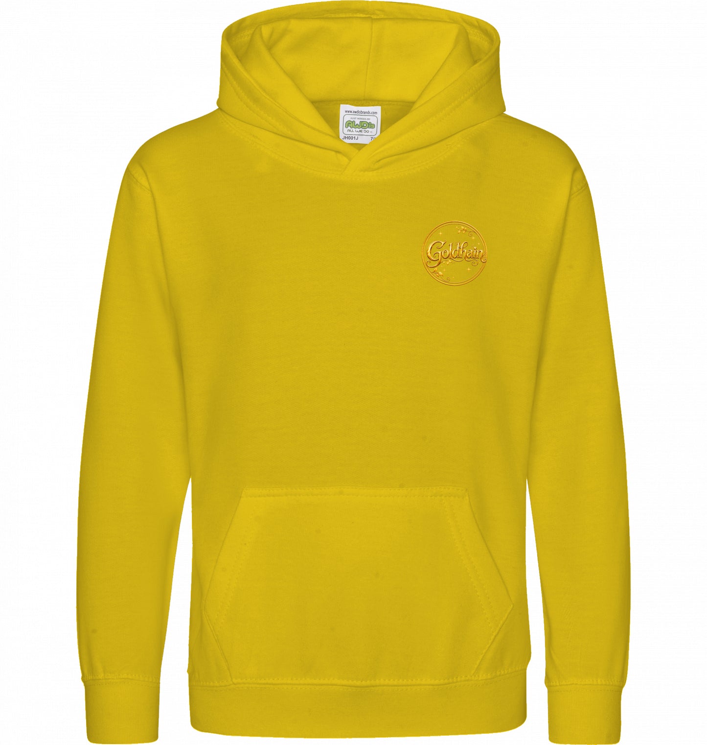 Sonnengelber Goldhain Kinder-Hoodie mit kleinem rundem goldfarbenem Goldhain-Wappen auf der Vorderseite