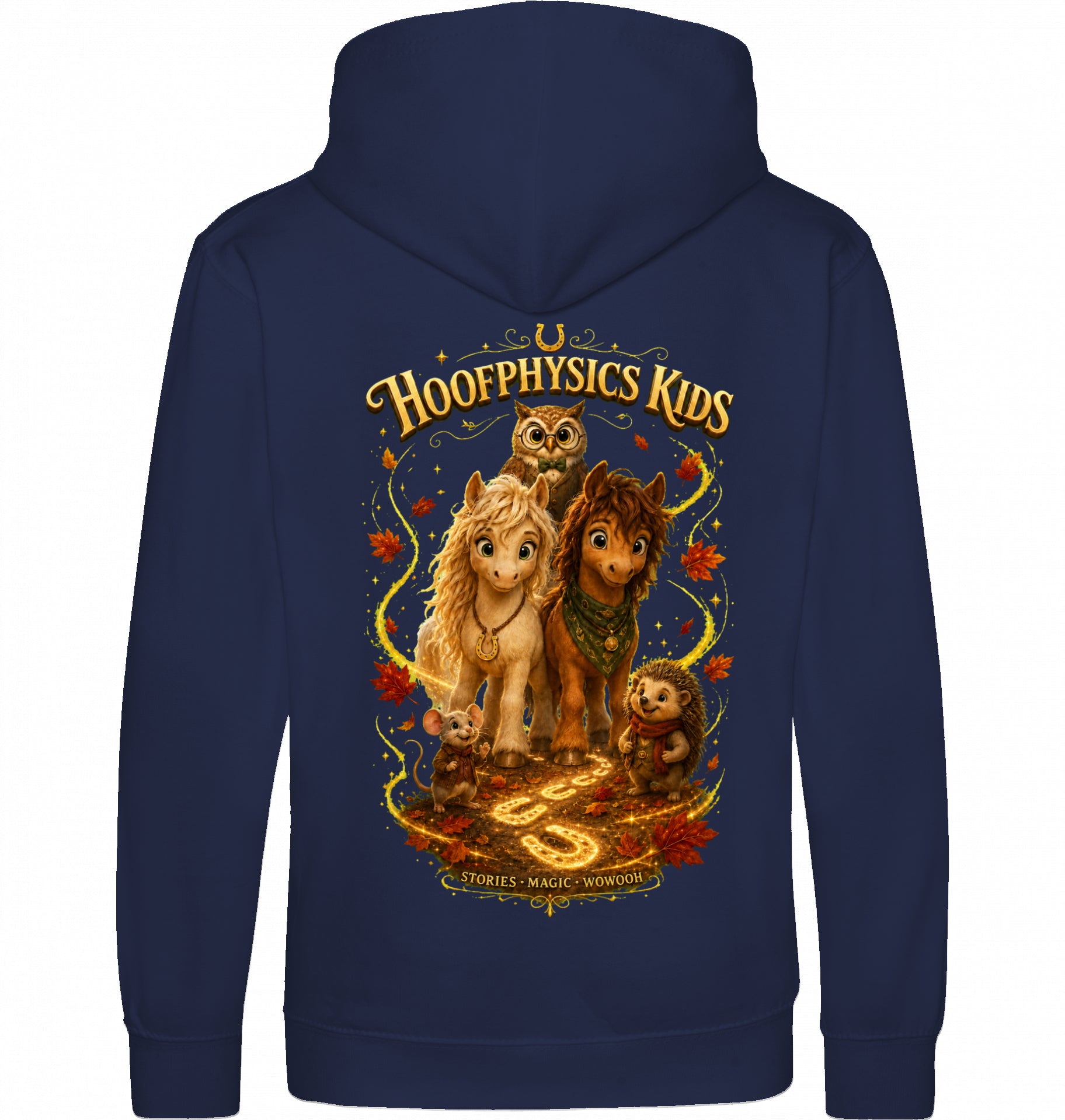 Navy blauer Kids Hoodie mit Liv, Milo, Professor Eule, Pippa und Fips als großem magischem Goldhain-Rückenmotiv