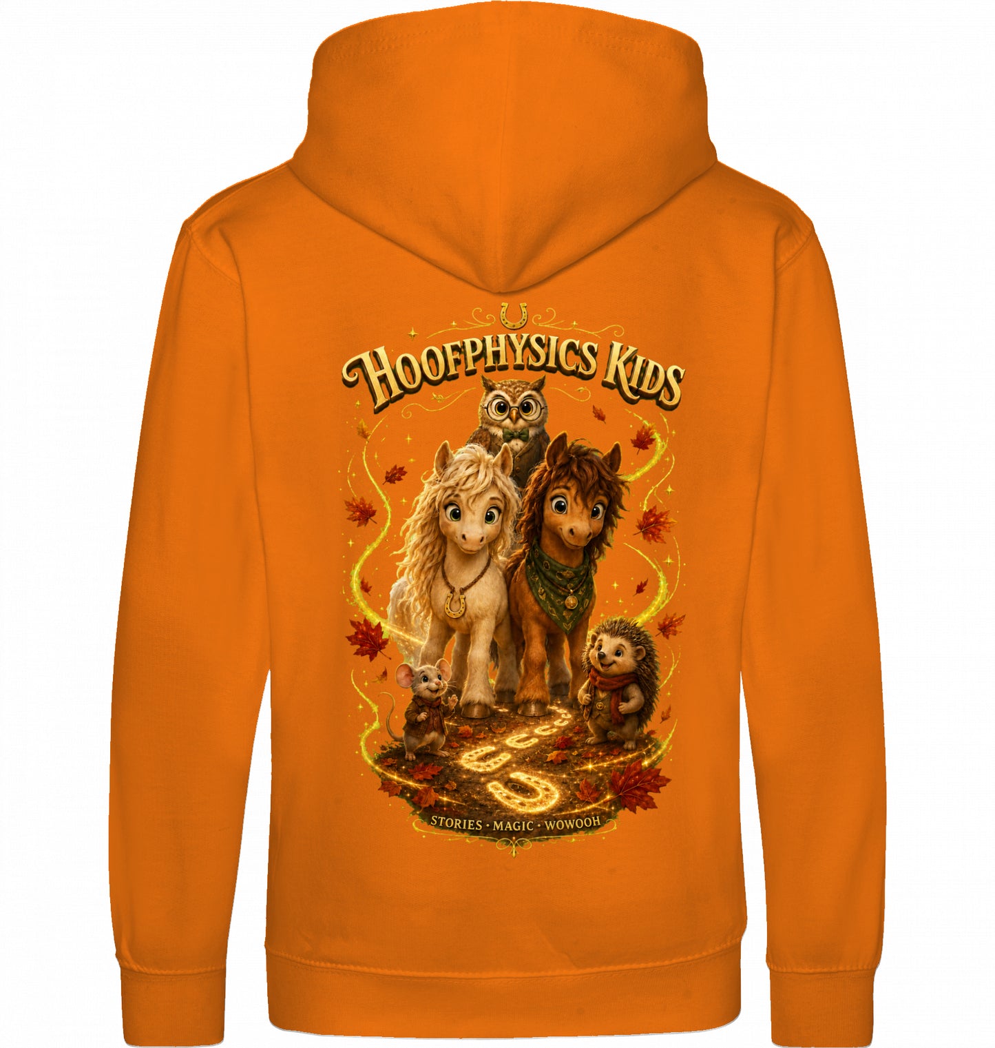 Orangener Hoofphysics Kids Hoodie mit Liv, Milo, Professor Eule, Pippa und Fips als großem magischem Goldhain-Rückenmotiv