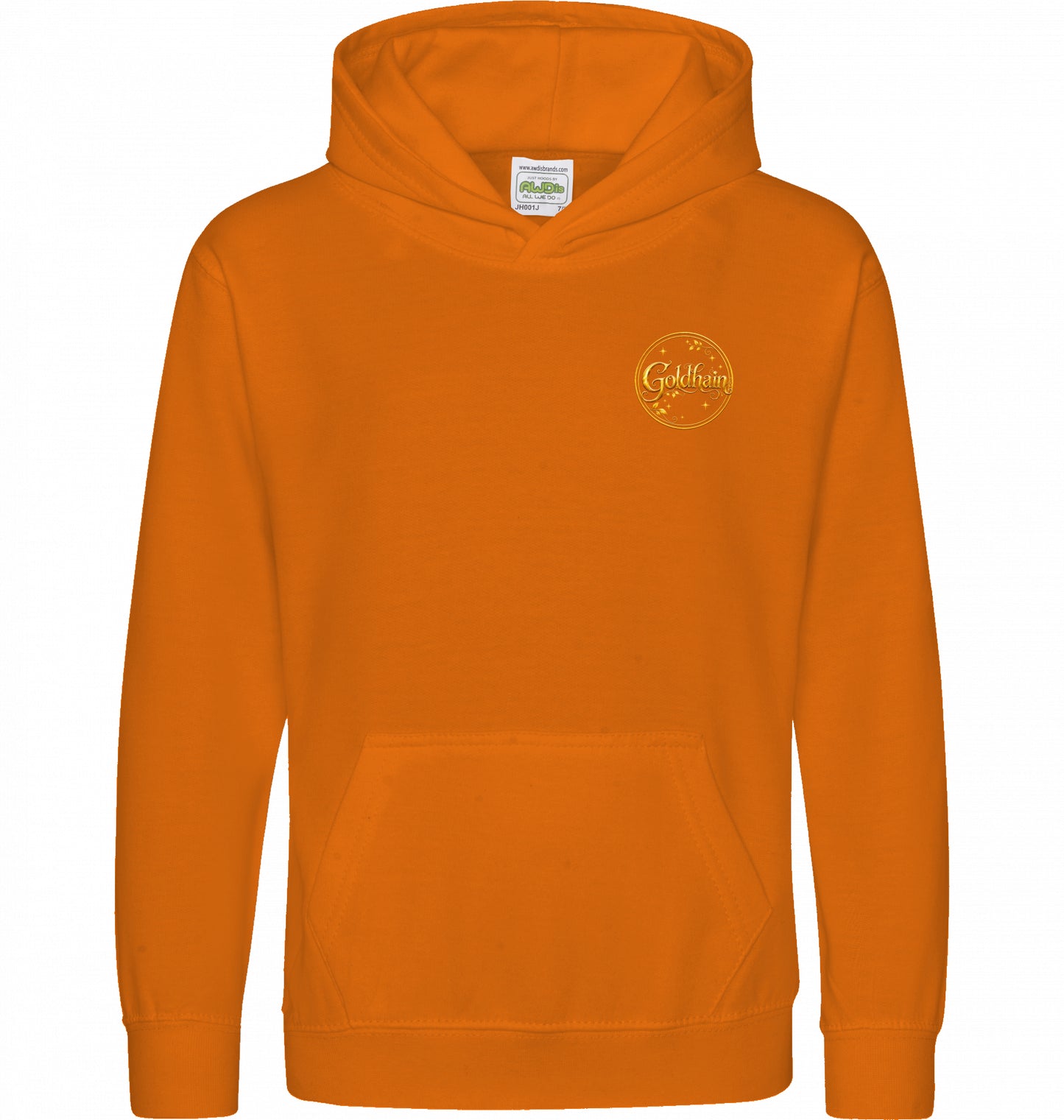 Orangener Goldhain Kinder-Hoodie mit kleinem rundem goldfarbenem Goldhain-Wappen auf der Vorderseite