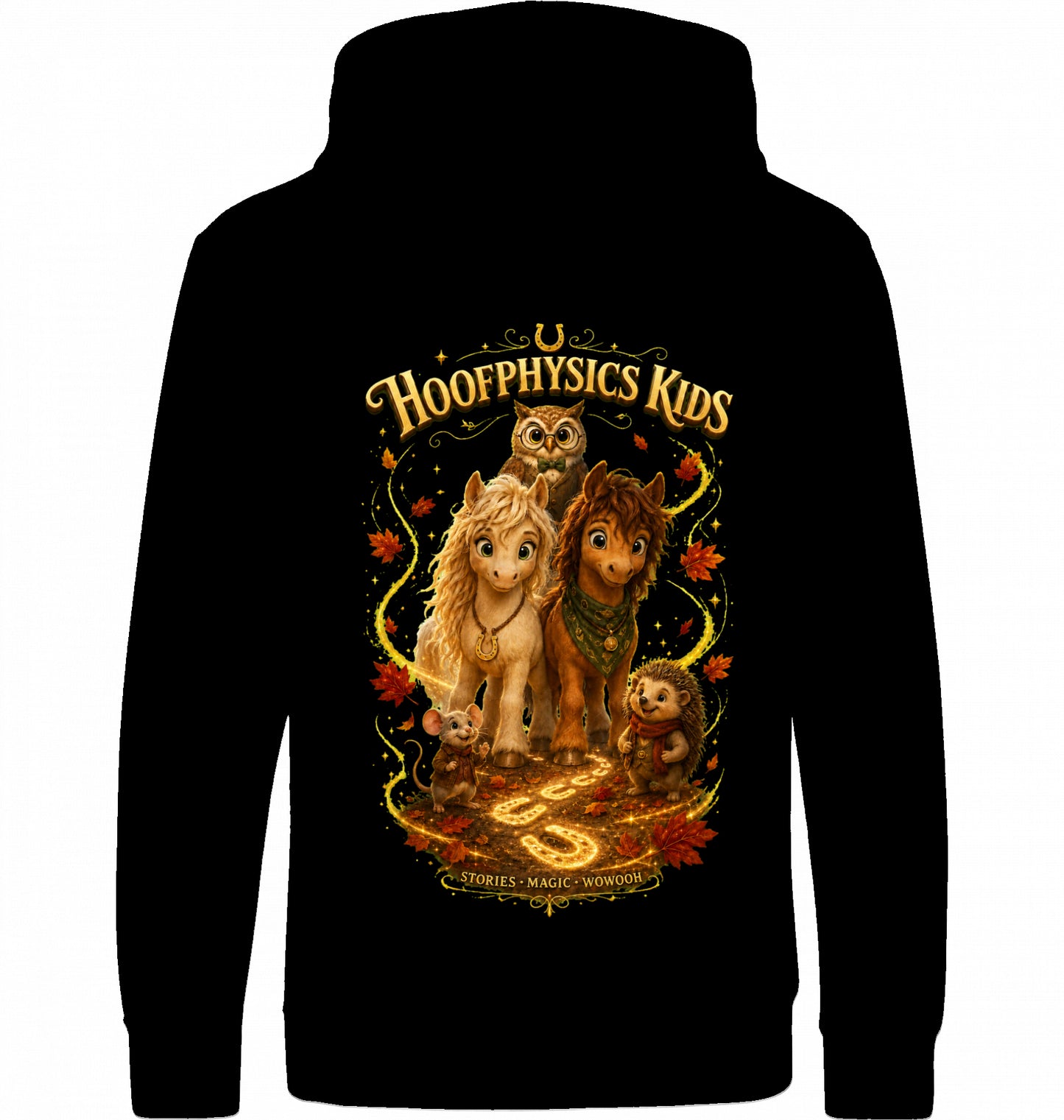 Schwarzer Hoofphysics Kids Hoodie mit Liv, Milo, Professor Eule, Pippa und Fips als großem magischem Goldhain-Rückenmotiv