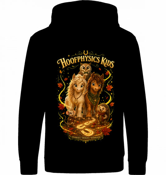 Schwarzer Hoofphysics Kids Hoodie mit Liv, Milo, Professor Eule, Pippa und Fips als großem magischem Goldhain-Rückenmotiv