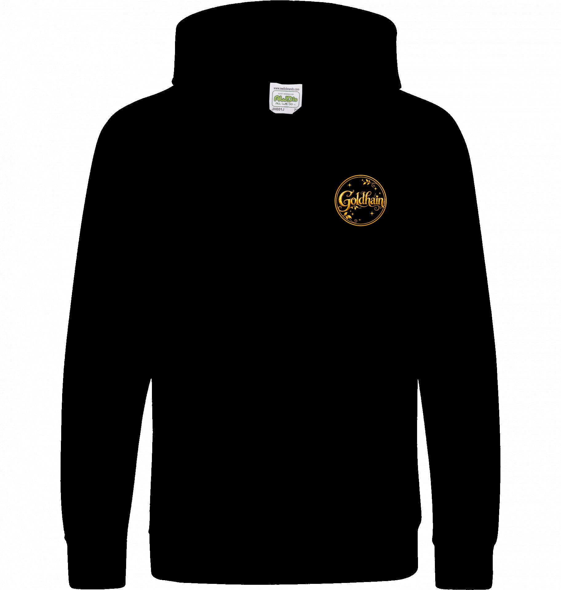 Schwarzer Goldhain Kinder-Hoodie mit kleinem rundem goldfarbenem Goldhain-Wappen auf der Vorderseite