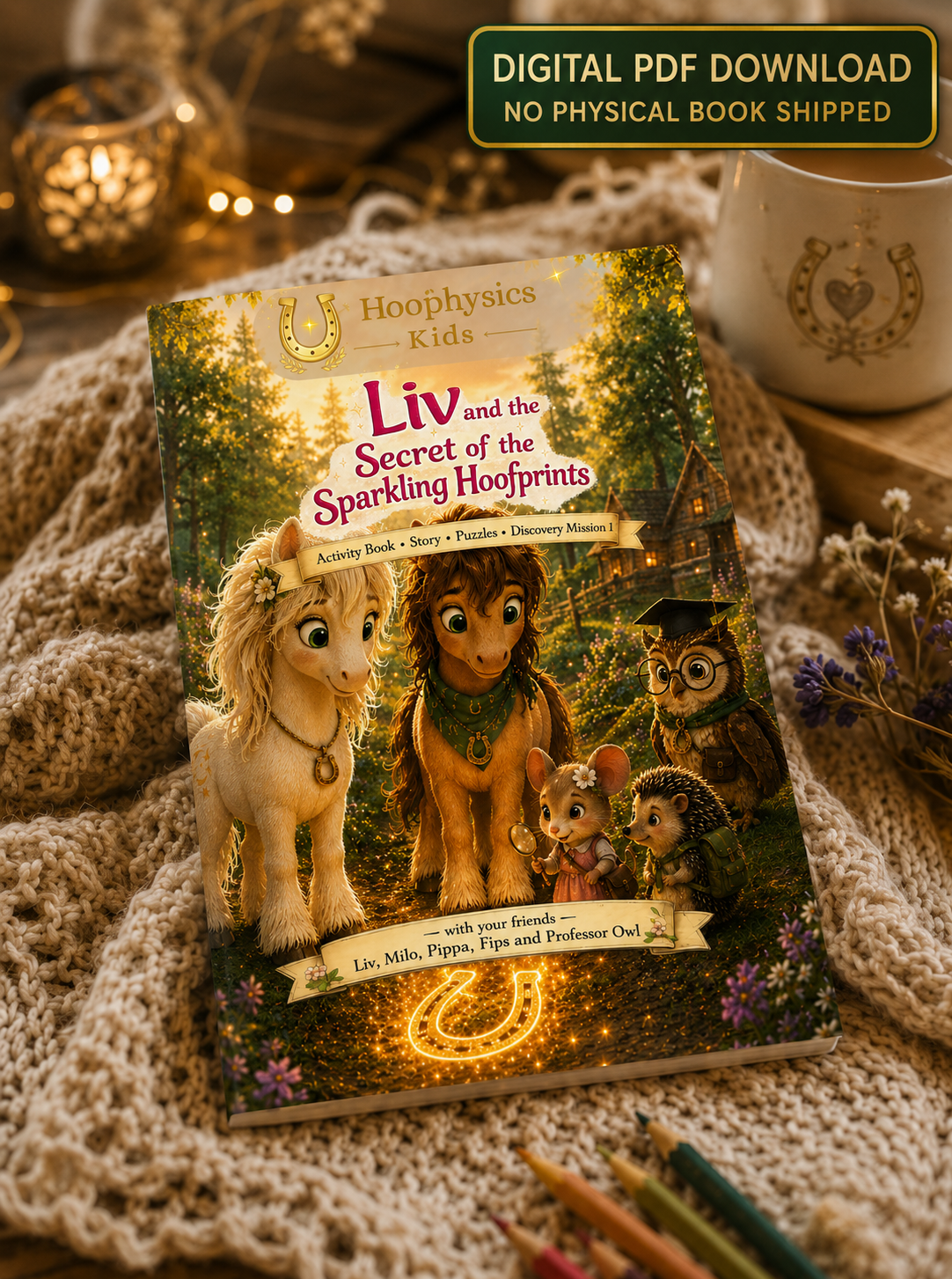 Goldhain Activity Book as a cozy lifestyle mockup with the English cover and a clear notice that it is a digital PDF download and no physical book will be shipped 
