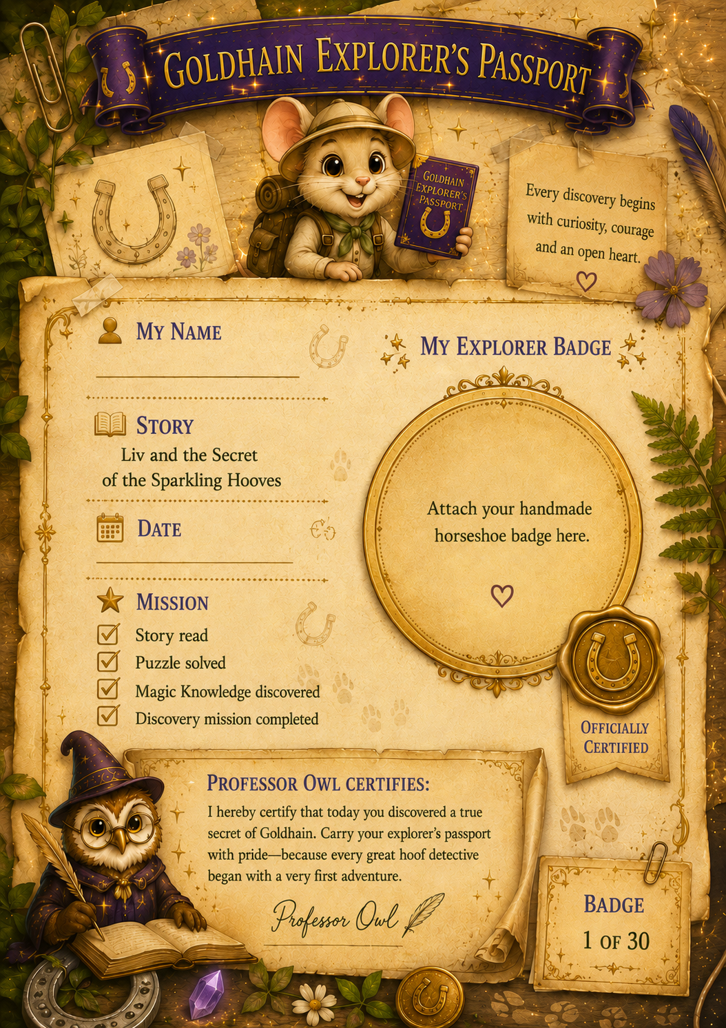 Goldhain Explorer’s Passport featuring Pippa and Professor Owl, with completed missions, a space for a handmade horseshoe badge and an official certificate for young hoof detectives 

