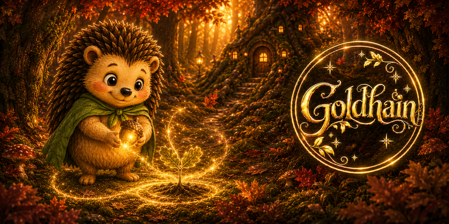 Goldhain Herbsttasse Collector’s Edition mit Fips im rot-goldenen Zauberwald, der eine leuchtende Eichel behütet, während vor ihm ein junger Eichentrieb in einem magischen goldenen Schutzkreis wächst, neben dem metallischen Goldhain-Badge. 