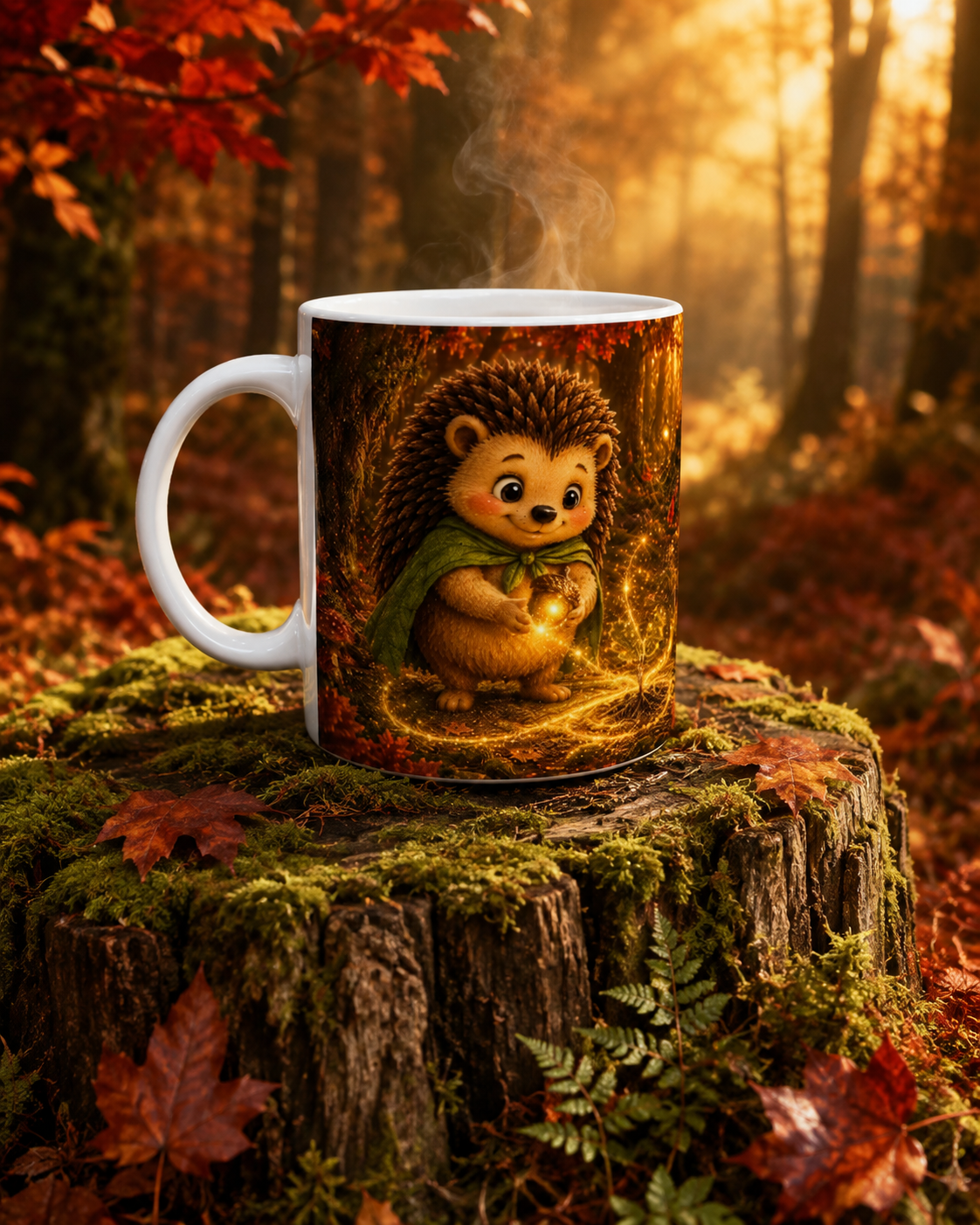 Dampfende Goldhain Fips Herbsttasse mit niedlichem Igelmotiv auf einem moosbewachsenen Baumstumpf im leuchtenden rotgoldenen Herbstwald