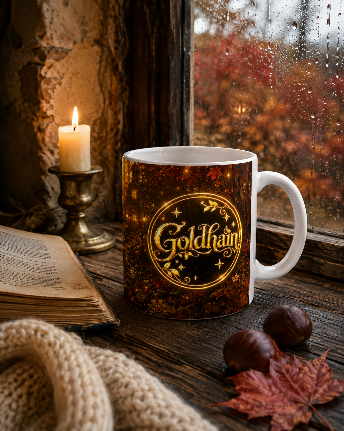 Goldhain Fips Herbsttasse mit goldenem Goldhain-Badge am regennassen Cottage-Fenster mit Kerze, altem Buch, Wolldecke und Kastanien