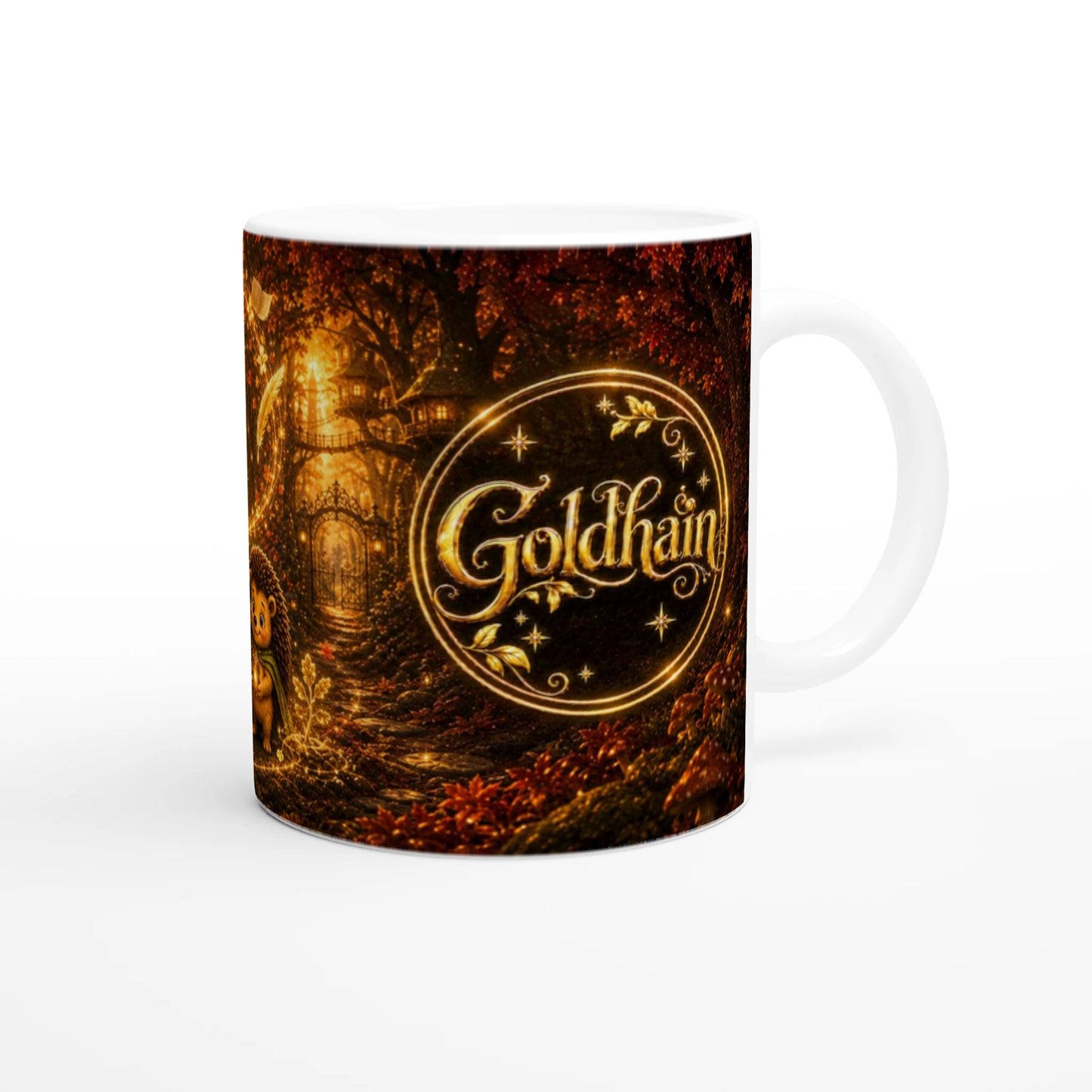 Goldhain Herbsttasse Collectors Edition mit goldenem Goldhain-Badge vor einem verwunschenen Waldmotiv in Rot- und Goldtönen