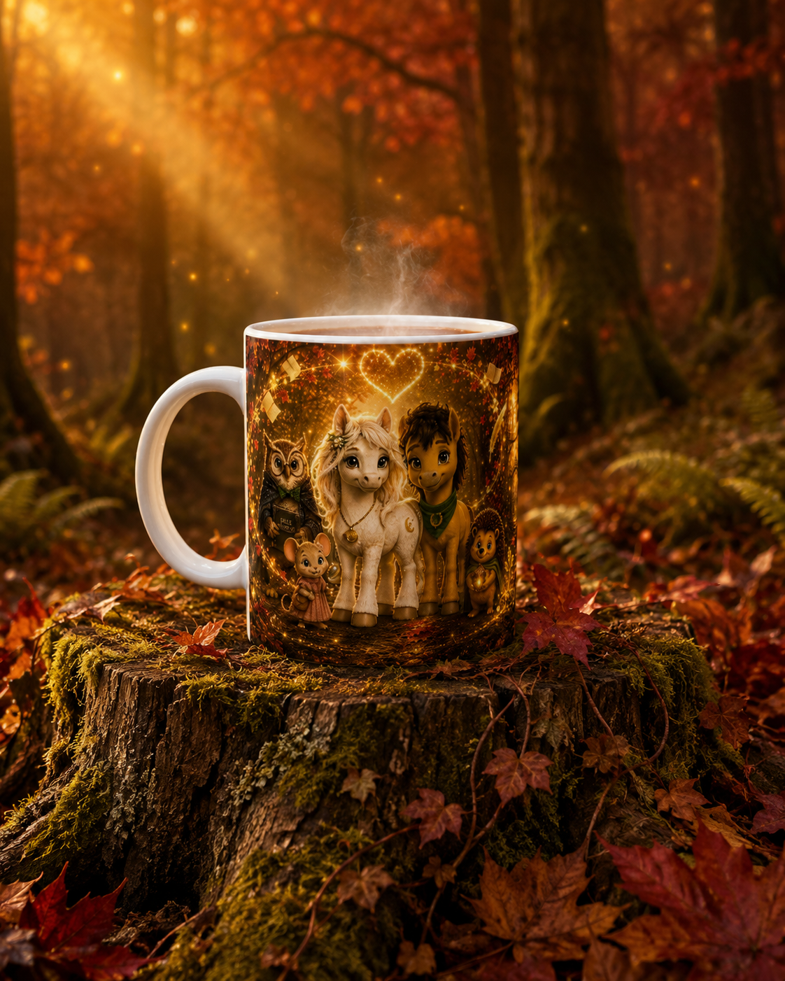 Dampfende Goldhain Collectors Edition Tasse mit allen fünf Freunden auf einem moosbewachsenen Baumstumpf im rotgoldenen Herbstwald.