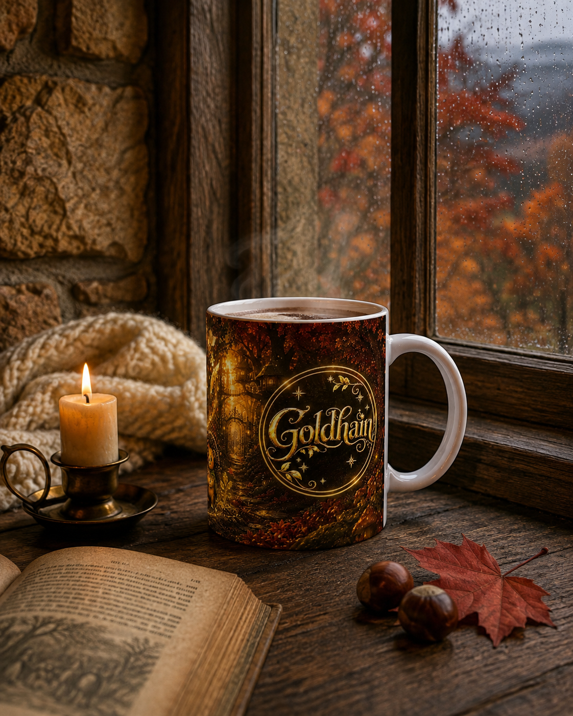Goldhain Collectors Edition Herbsttasse mit goldenem Badge an einem regennassen Cottage-Fenster mit Kerze, Buch, Wolldecke und Kastanien