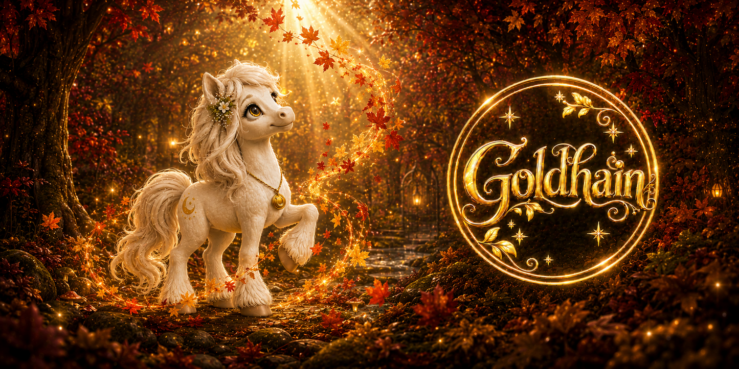 Goldhain Herbsttasse Collector’s Edition mit Liv im rot-goldenen Zauberwald, umgeben von einem leuchtenden Blätterwirbel und einem metallischen Goldhain-Badge. 