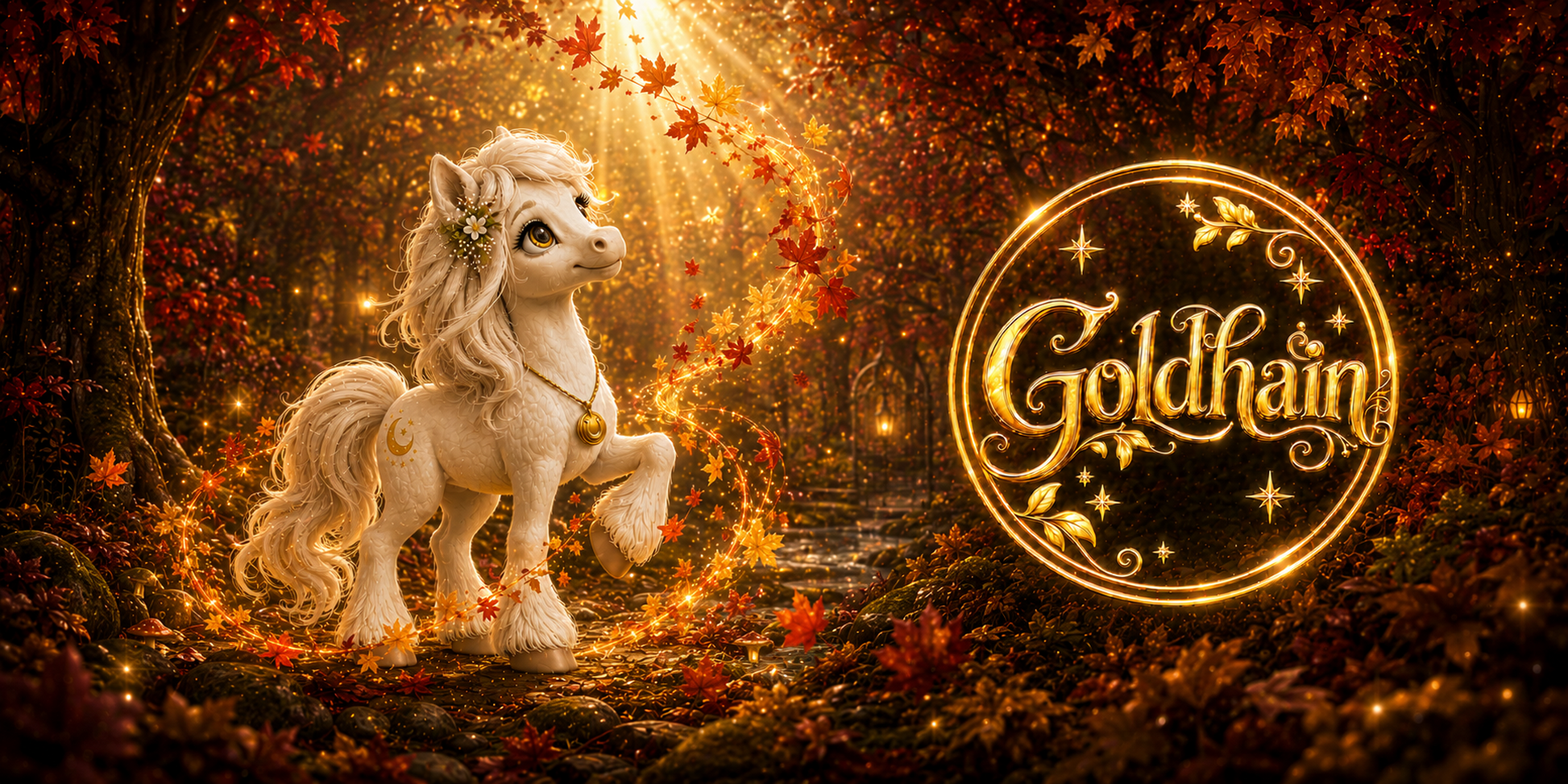Goldhain Herbsttasse Collector’s Edition mit Liv im rot-goldenen Zauberwald, umgeben von einem leuchtenden Blätterwirbel und einem metallischen Goldhain-Badge. 