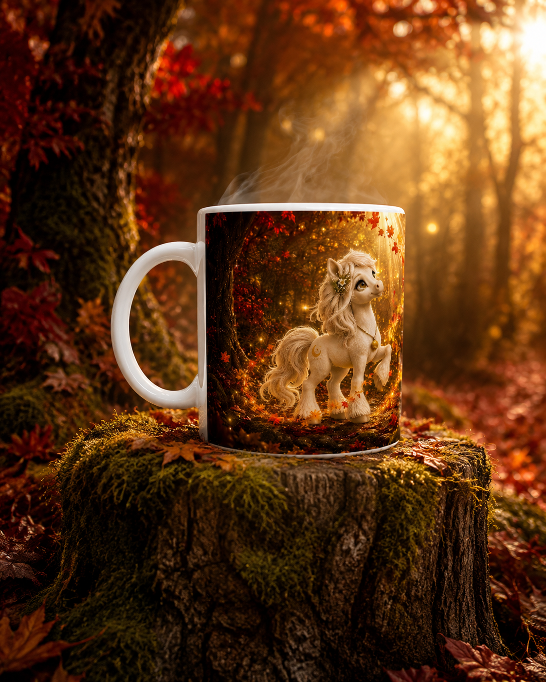 Dampfende Goldhain Liv Herbsttasse mit Pferdemotiv auf einem moosbewachsenen Baumstumpf im rotgoldenen Herbstwald.