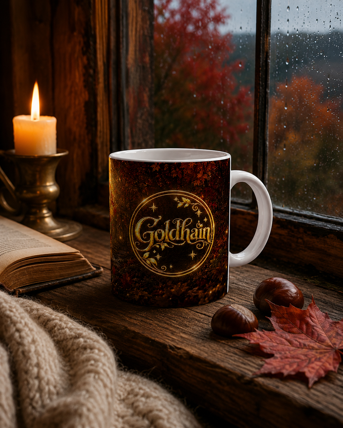 Goldhain Liv Herbsttasse mit goldenem Goldhain-Badge an einem regennassen Cottage-Fenster mit Kerze, Buch, Wolldecke und Kastanien