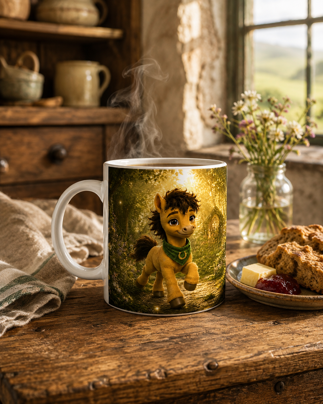 Goldhain Milo Charaktertasse mit Pferdemotiv auf einem rustikalen Küchentisch beim Frühstück mit Brot, Butter und Marmelade in einem irischen Cottage 
