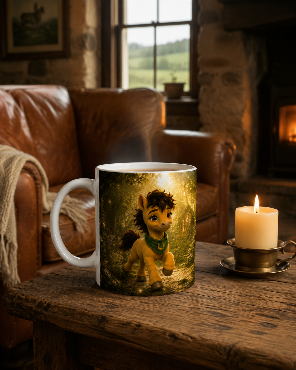 Goldhain Milo Charaktertasse mit Pferdemotiv auf einem rustikalen Holztisch mit Kerze, Ledersessel und Kamin in einem gemütlichen irischen Cottage 
