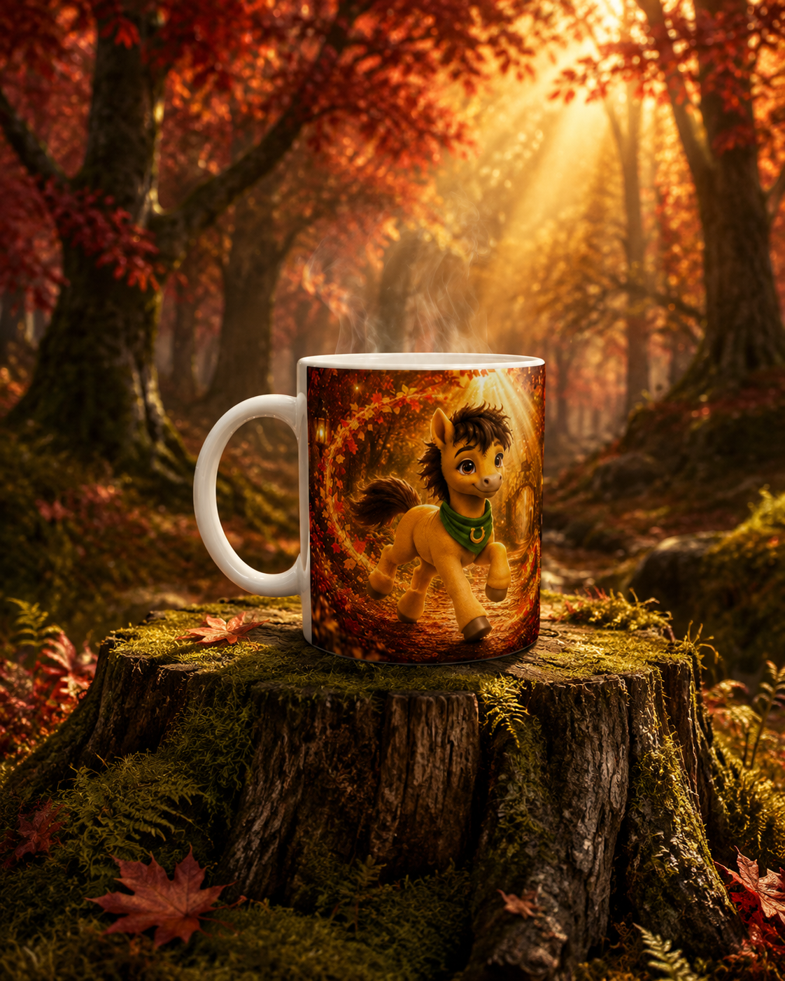 Dampfende Goldhain Milo Herbsttasse mit Fohlenmotiv auf einem moosbewachsenen Baumstumpf im leuchtenden rotgoldenen Herbstwald