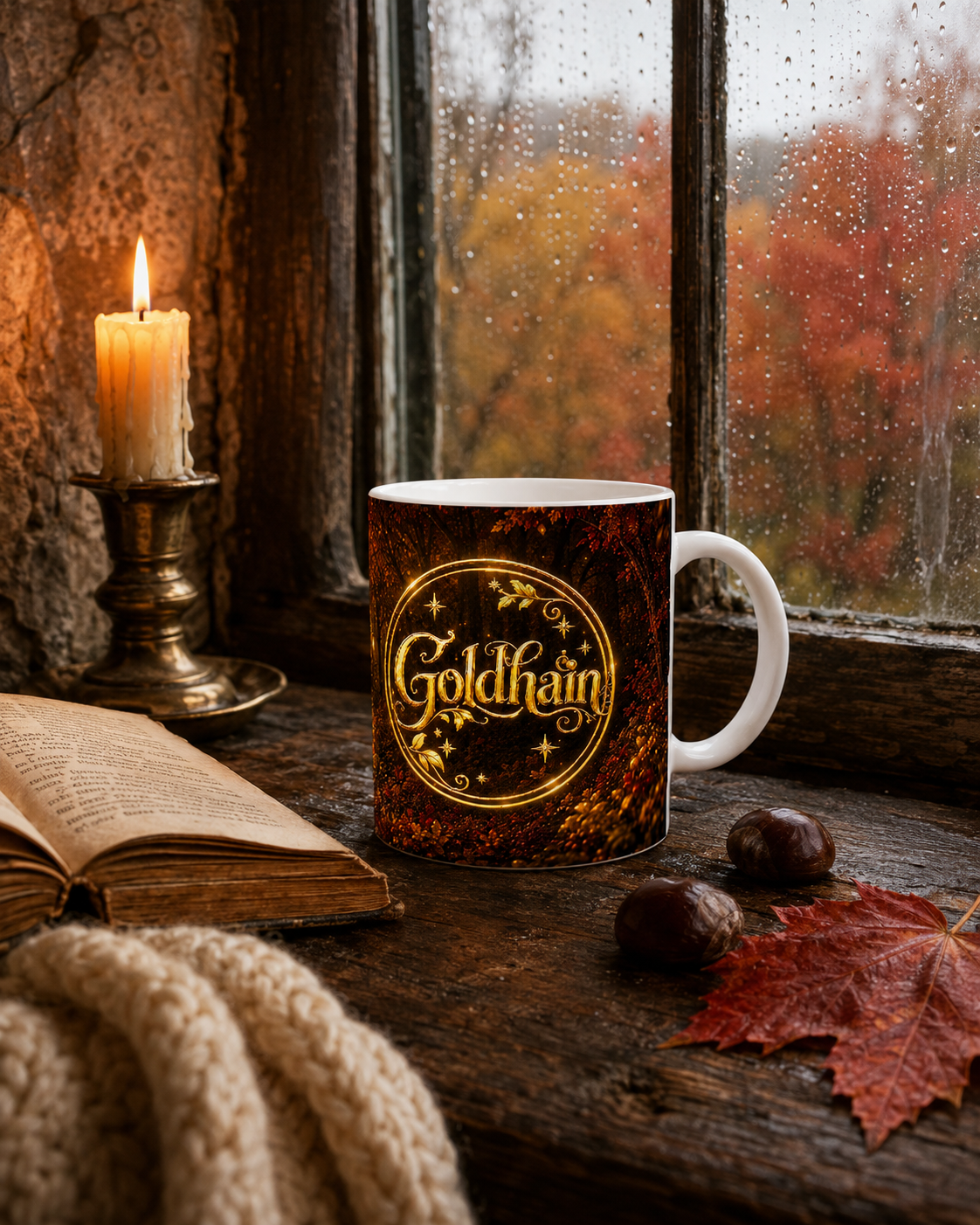 Goldhain Milo Herbsttasse mit goldenem Goldhain-Badge an einem regennassen Cottage-Fenster mit Kerze, altem Buch, Wolldecke und Kastanien.