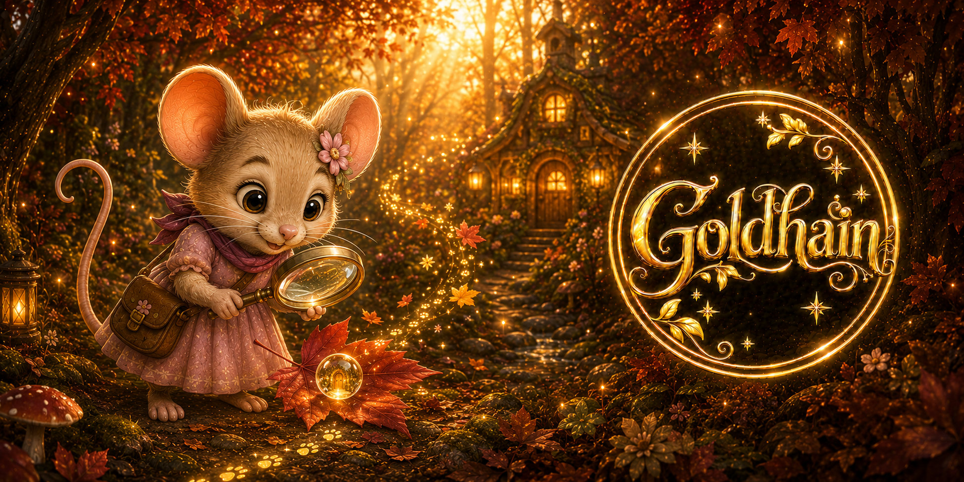 Goldhain Herbsttasse Collector’s Edition mit Professor Eule und seinem Buch Huf Wissen, umgeben von einem magischen Wirbel aus goldenen Buchseiten, Federn und Herbstlaub neben dem metallischen Goldhain-Badge. 