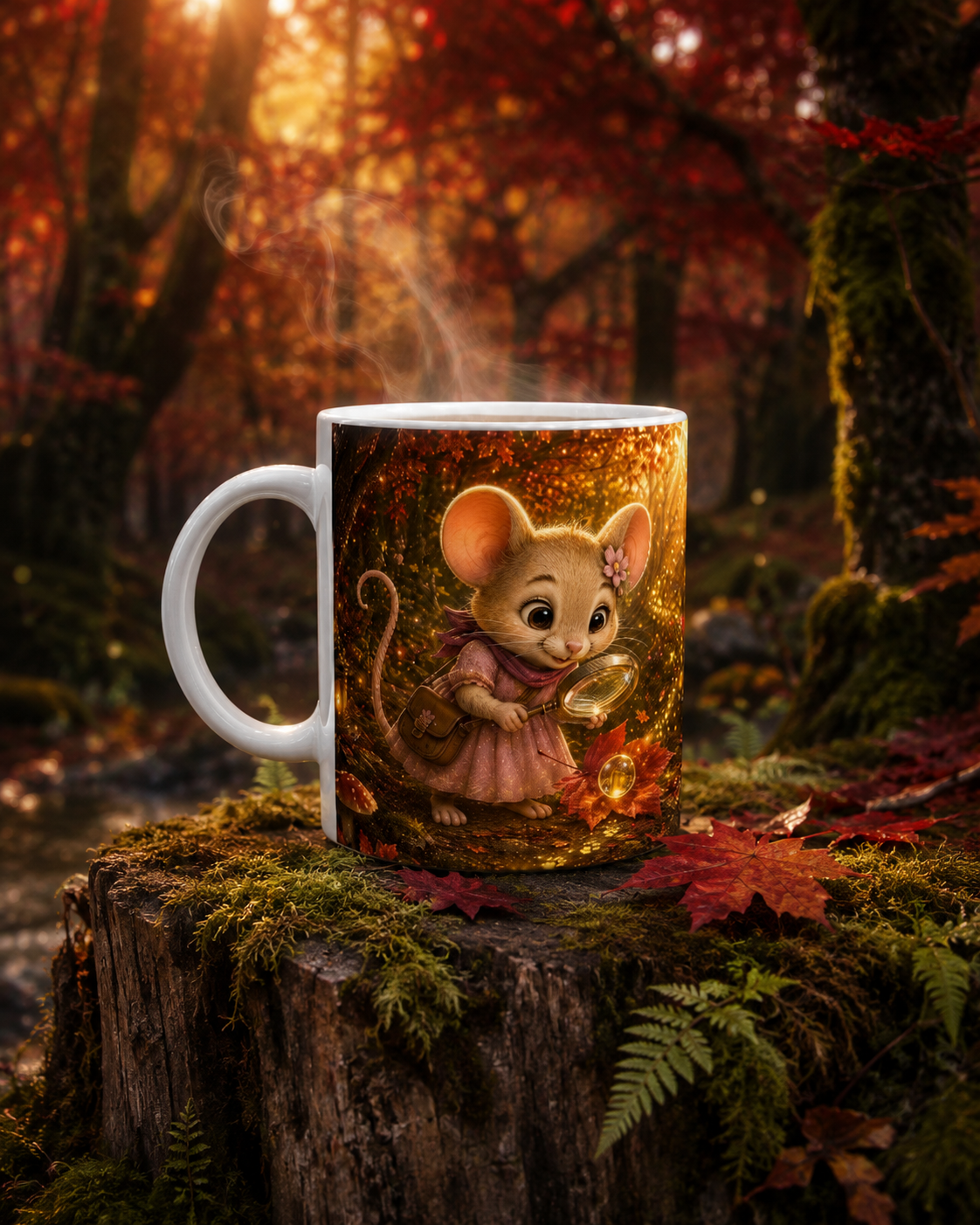 Dampfende Goldhain Pippa Herbsttasse mit neugieriger Maus und Lupe auf einem moosbewachsenen Baumstumpf im rotgoldenen Herbstwald.