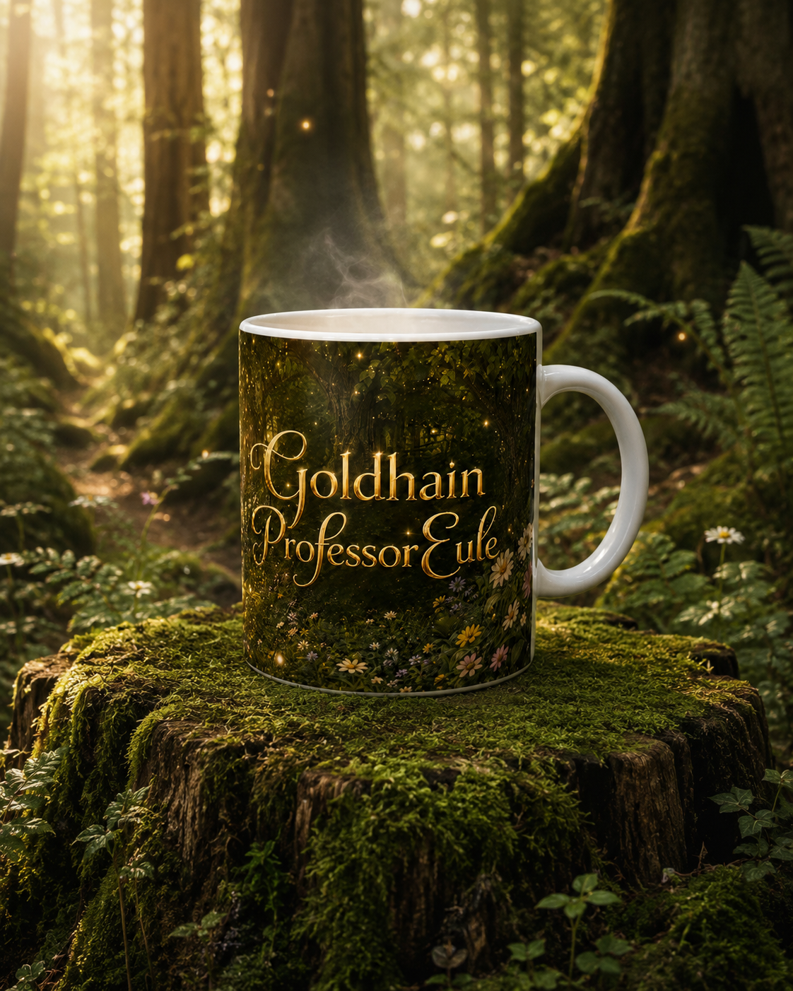 Goldhain Professor Eule Charaktertasse mit goldenem Schriftzug auf einem moosbedeckten Baumstumpf im warm leuchtenden Goldhain-Wald.